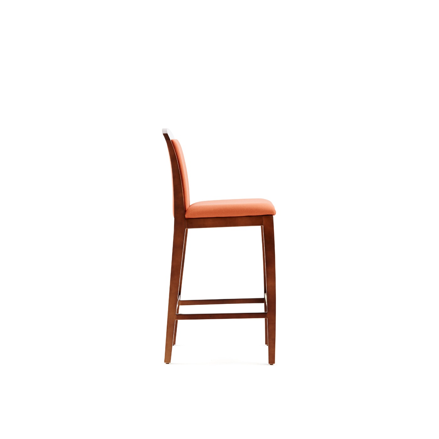 Haworth Composites stool in orange fabric, dark wood body and legs seen from the side angle