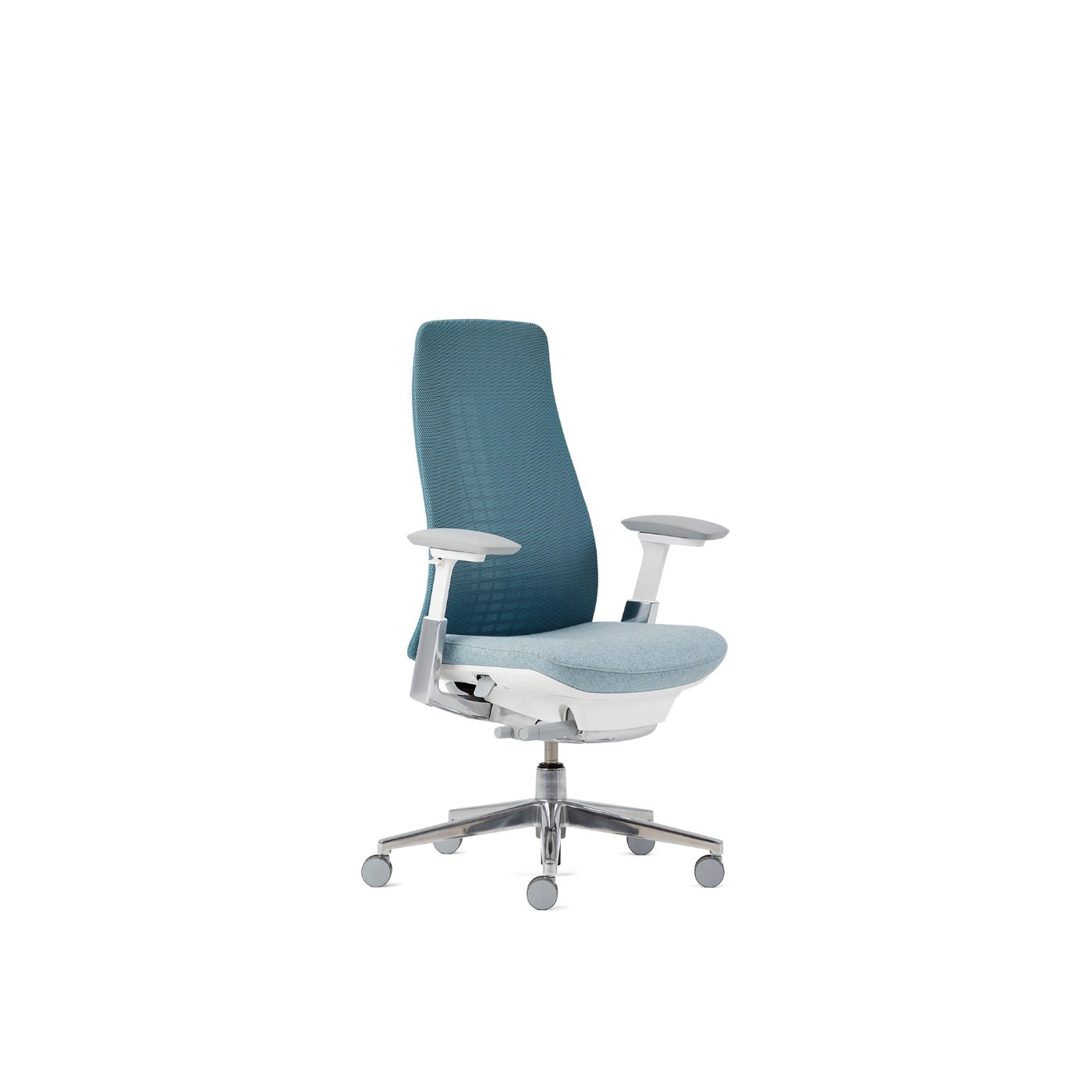 Haworth Fern Task chair in shades of blue upholstery with swivel base, wheels and ergonomic design