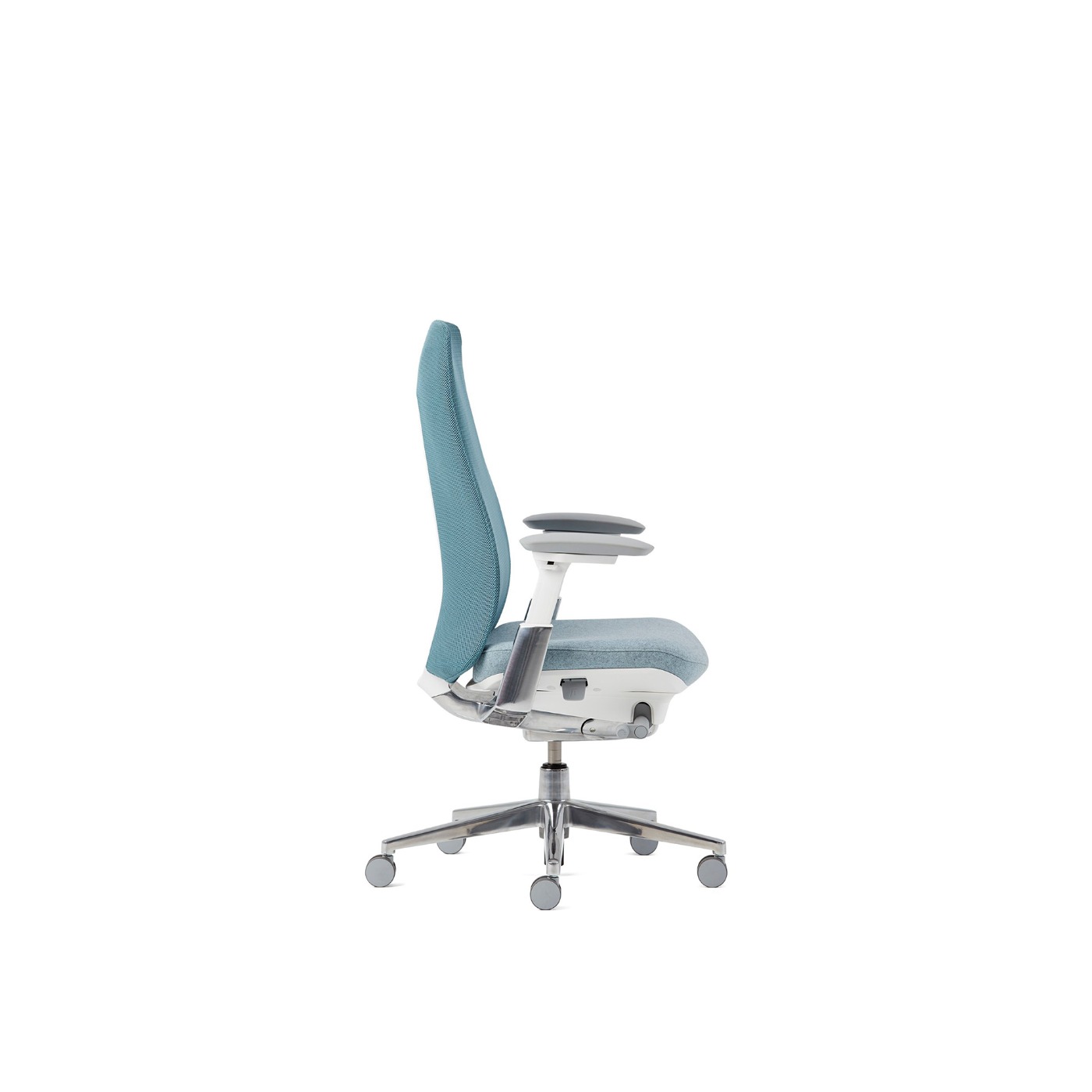 Haworth Fern Task chair in blue upholstery as seen from the side view