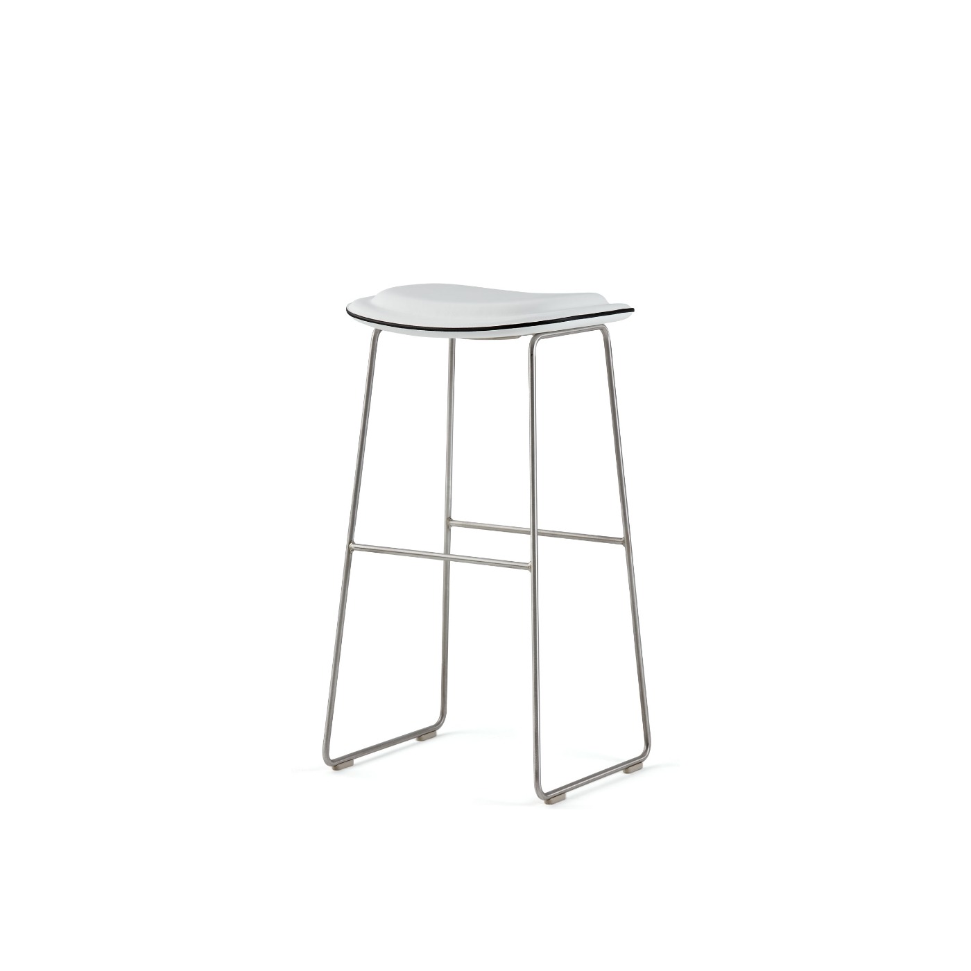 Haworth Hi-Pad stool with metal legs and white seat in a side view