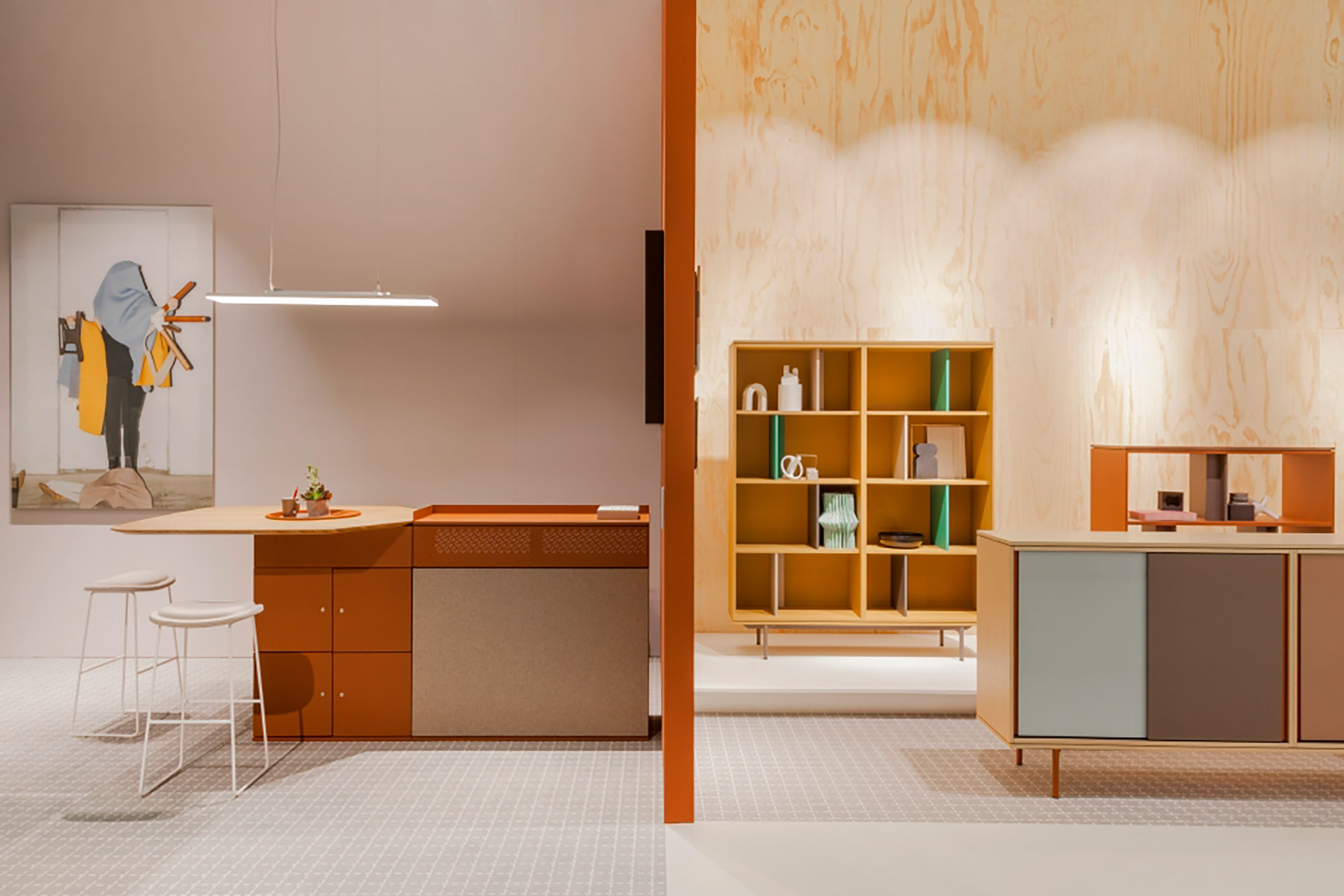 Be_Hold storage cabinets in open office workspace with Hi Pad stools