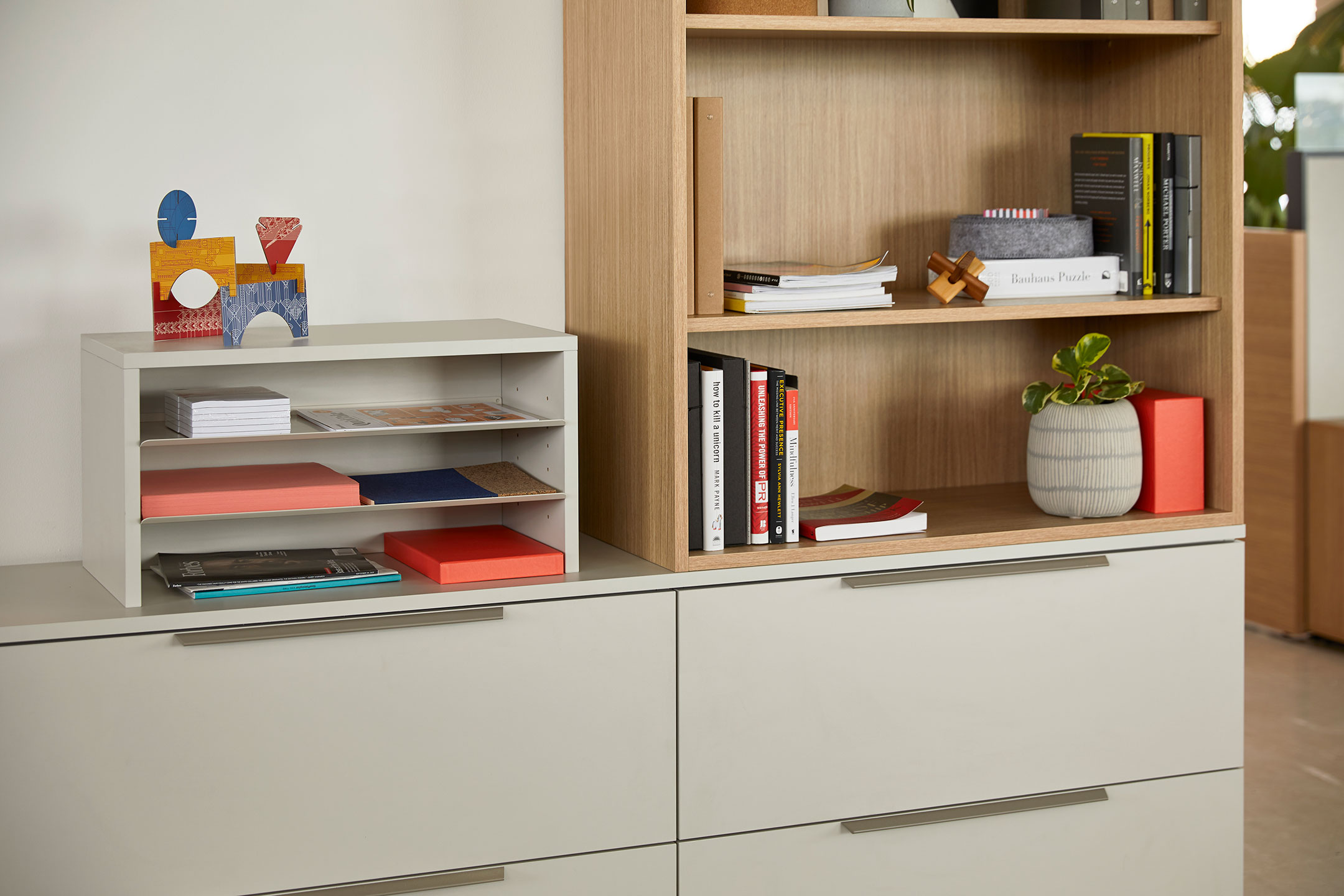 Be_Hold file drawers in gray with bookshelf on top.
