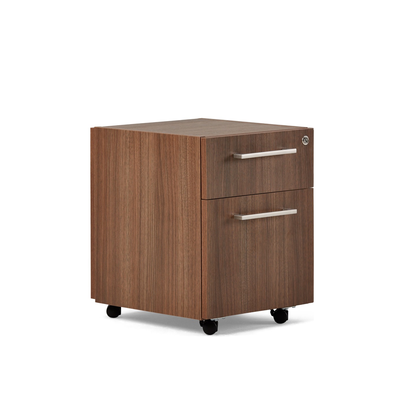 Compose pedestal in wood with Linear drawer pulls and lock drawer.  