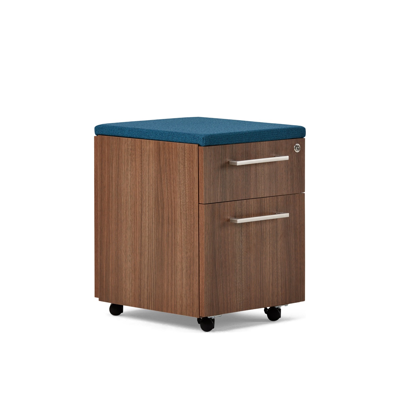 Compose pedestal in wood with Linear drawer pulls and lock drawer and blue cushion on top. 