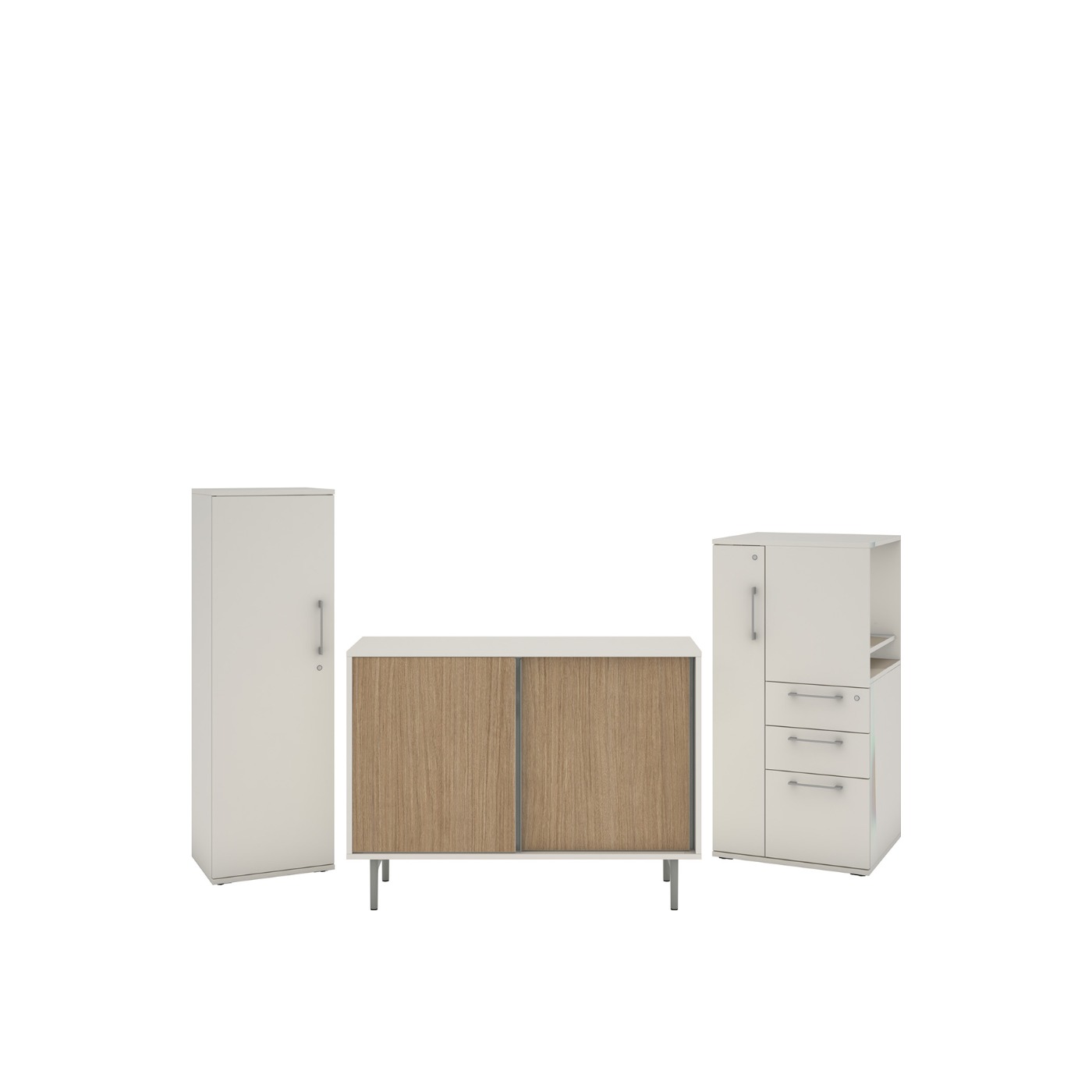 Be_Hold sliding door storage unit with two storage towers on either side. 