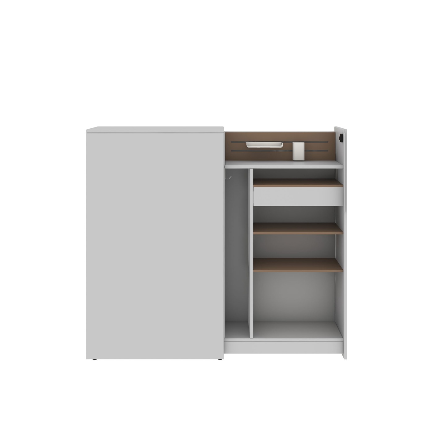 Beside Storage Pantry in gray with wooden shelves and lock sliding door