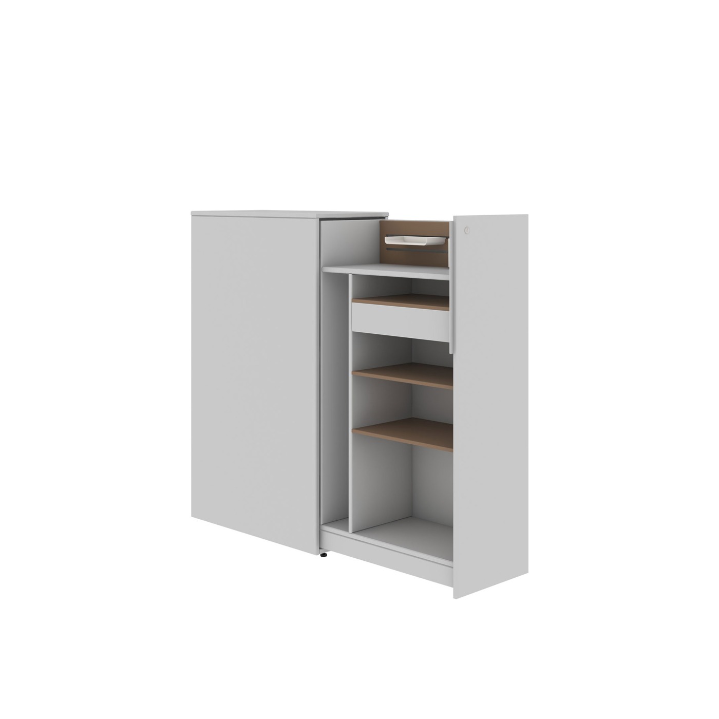 Beside Storage Pantry in gray with wooden shelves and lock sliding door