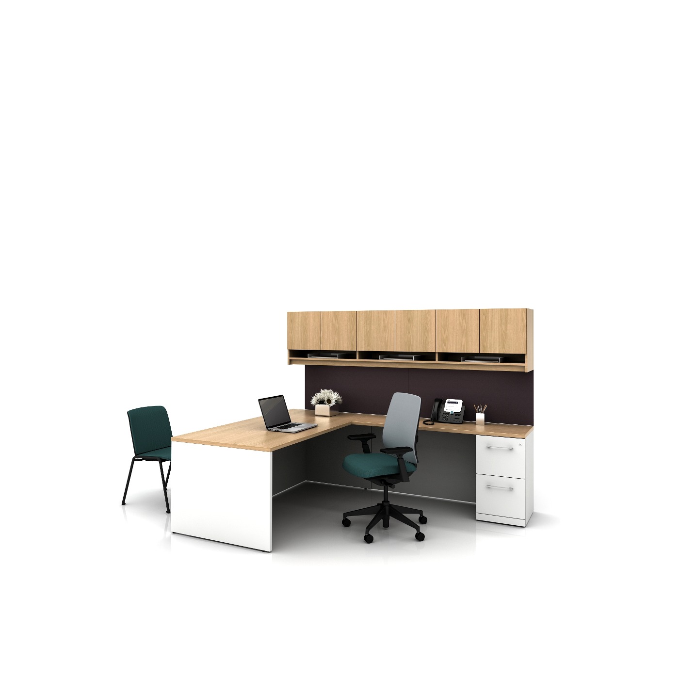 Haworth Masters Series Workspace in maple wood in L shape and storage shelves above desks with chairs for office space
