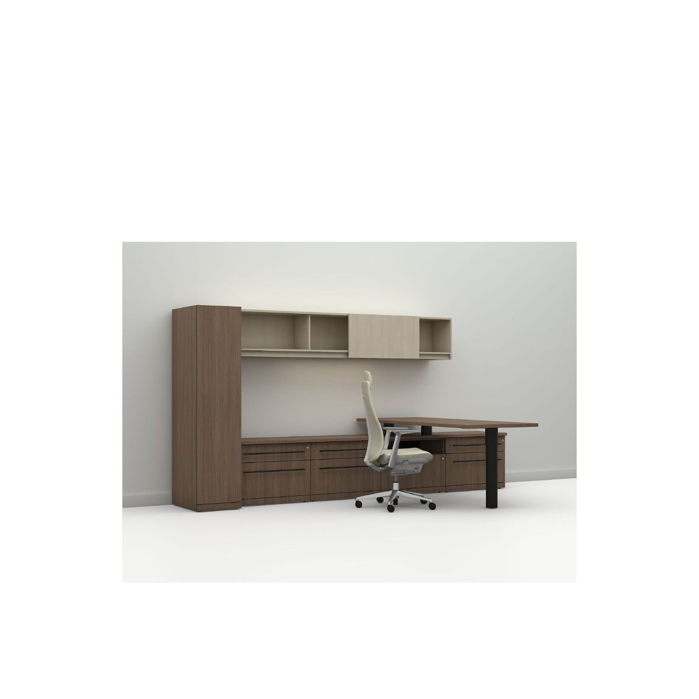 Haworth Masters Series Workspace in oak color with cream colored chair
