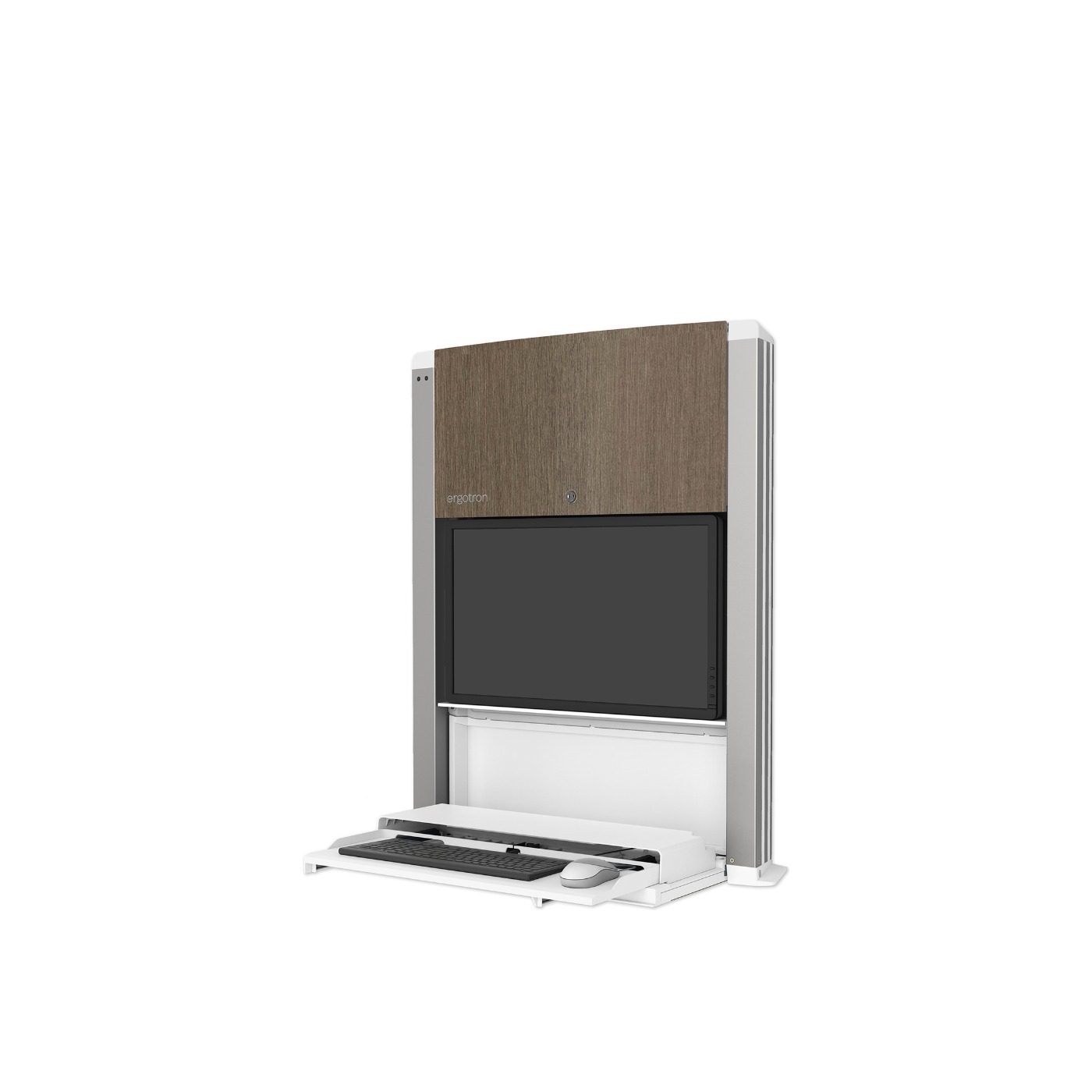 Haworth Carefit Enclosure Workspace opened up in wood finish with keyboard and mouse out