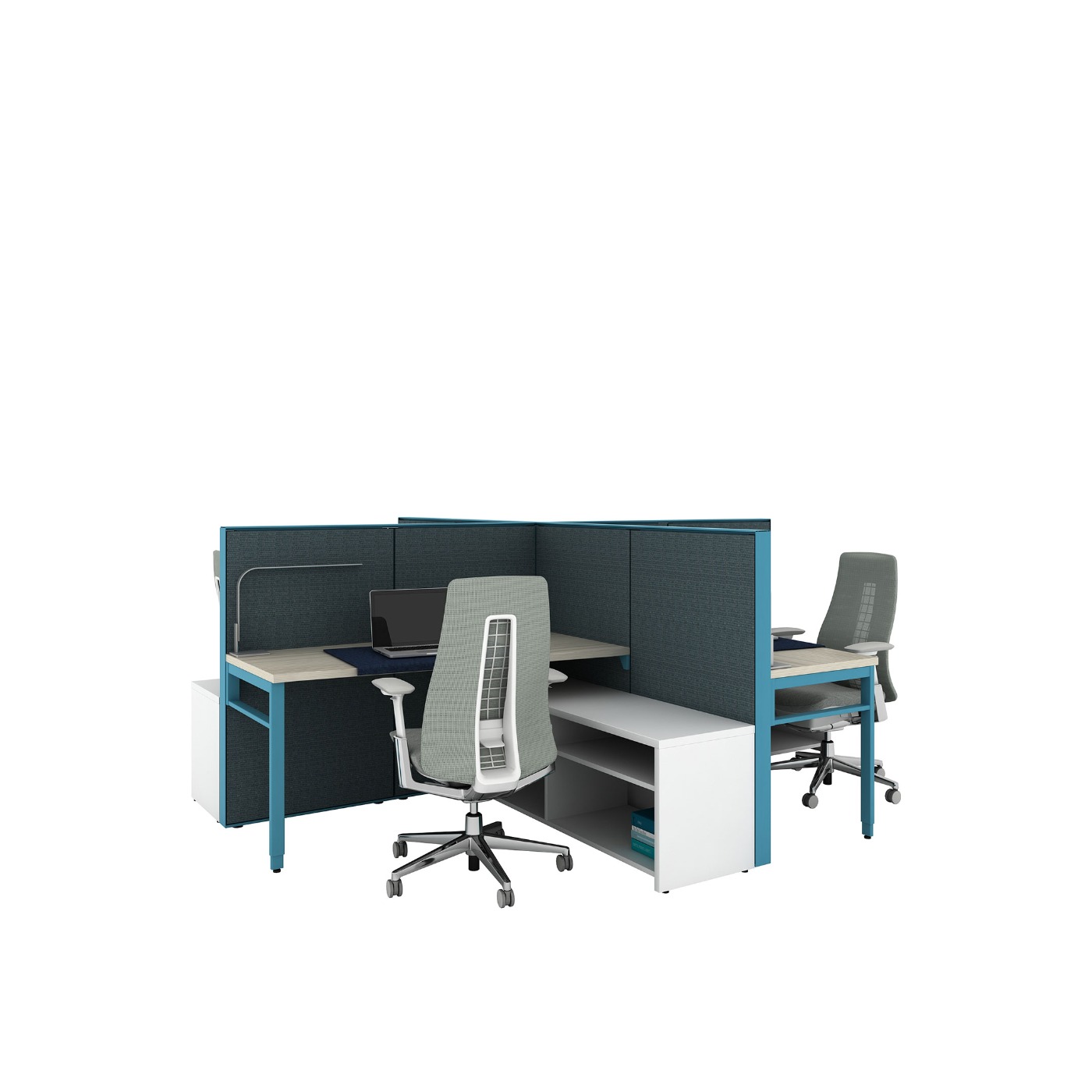 Haworth Compose Workspace in mock office space with multiple dividers for desk privacy and fern chairs with side storage for files