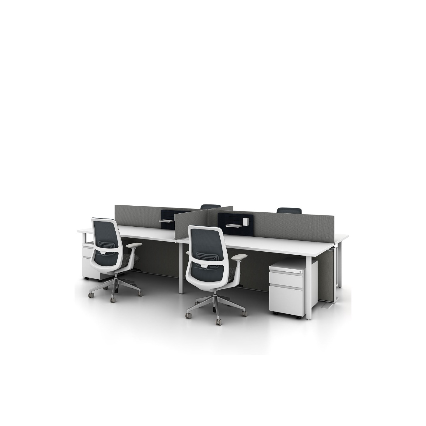 Haworth Compose Workspace in mock office space with privacy walls on each side and small file storage under desk