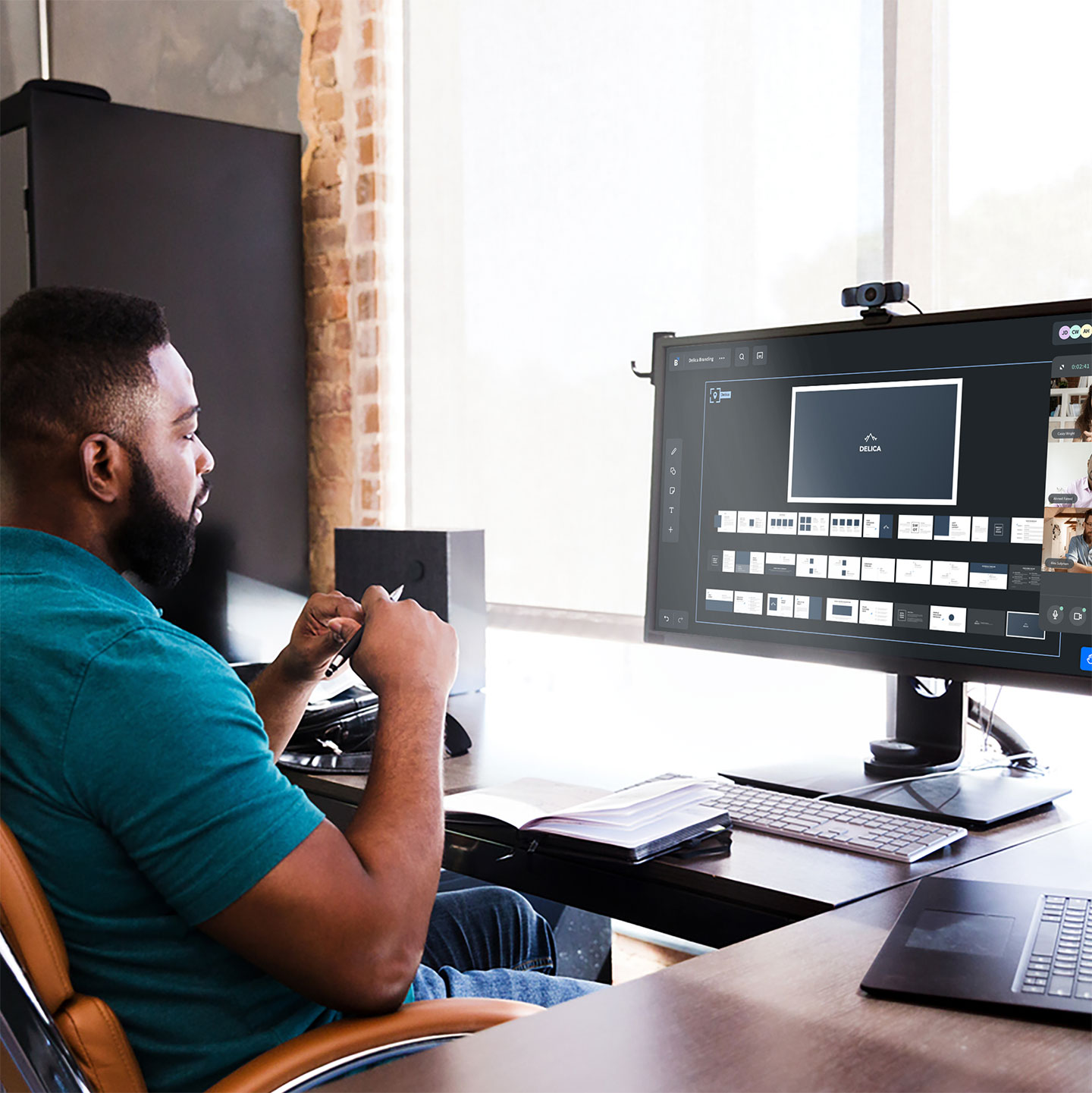 Haworth Bluescape Accessories being used at a desk in a video meeting