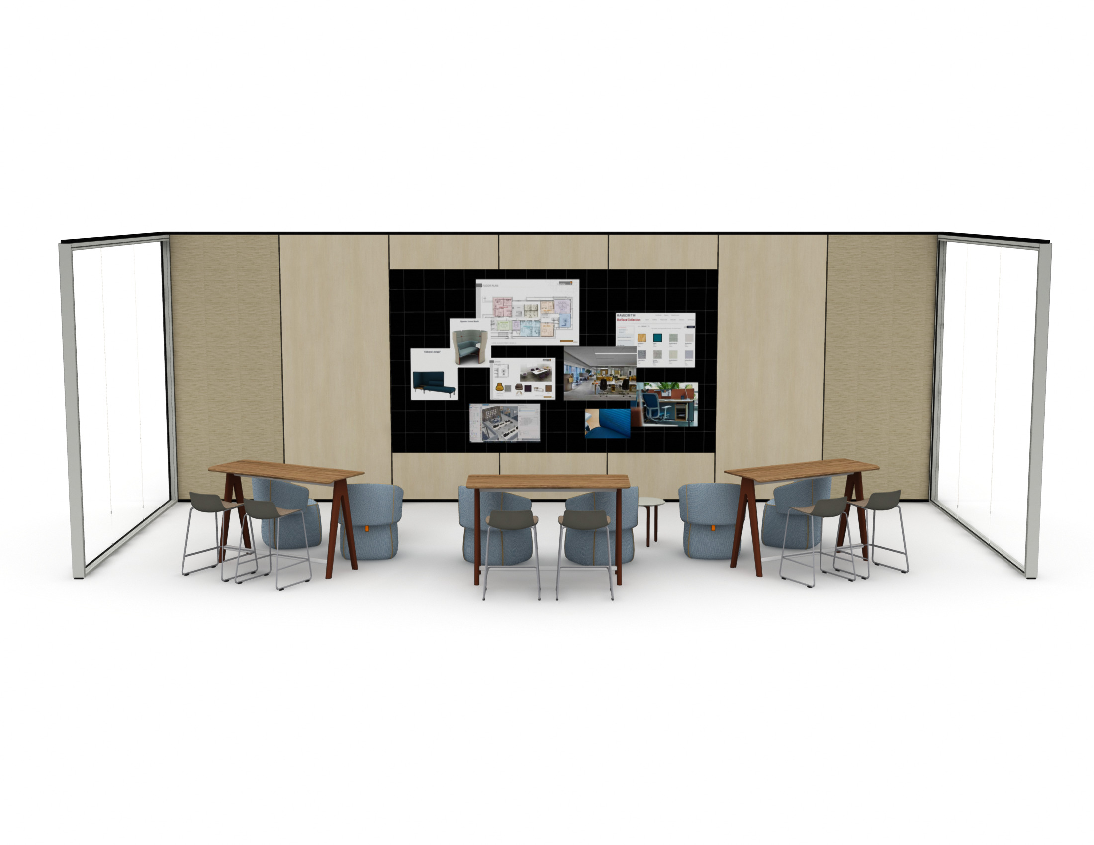 Haworth Bluescape accessory mock up in conference room with tables looking at work space