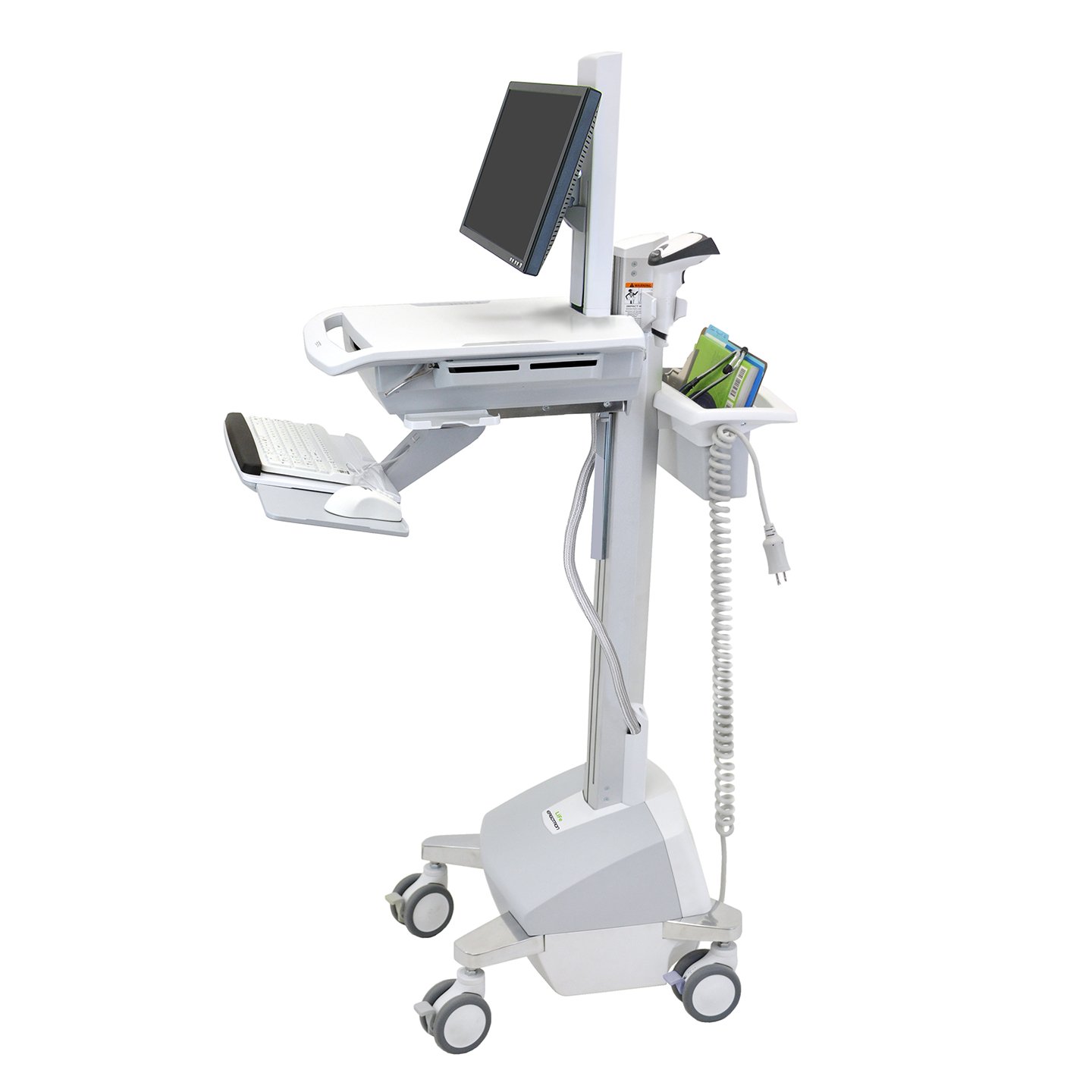 Haworth StyleView Powered Medical Cart Accessories in white and adjustable height with wheels with notebooks in it and monitor attached