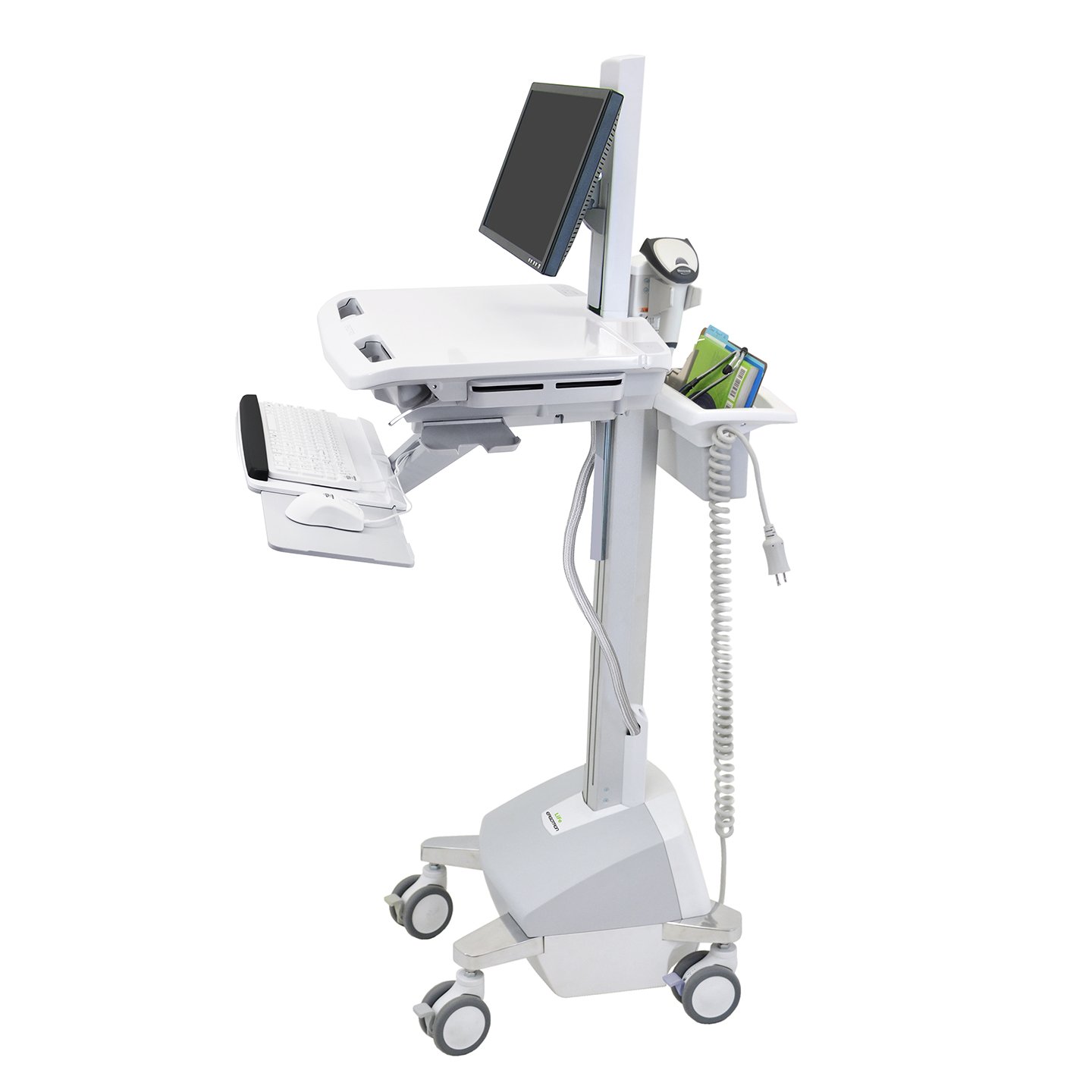 Haworth StyleView Powered Medical Cart Accessories in white and adjustable height with wheels with notebooks in it and monitor attached