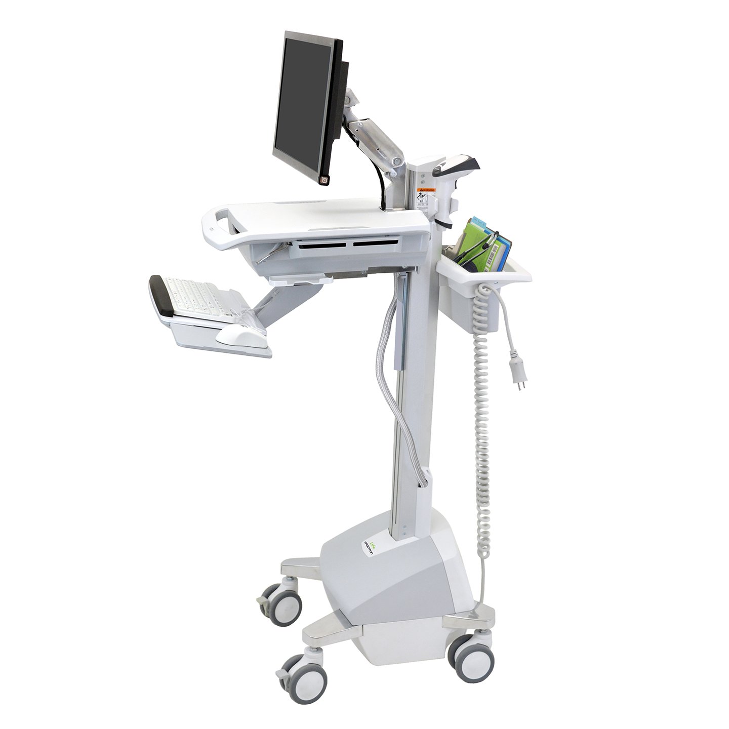 Haworth StyleView Powered Medical Cart Accessories in white and adjustable height with wheels with notebooks in it and monitor attached