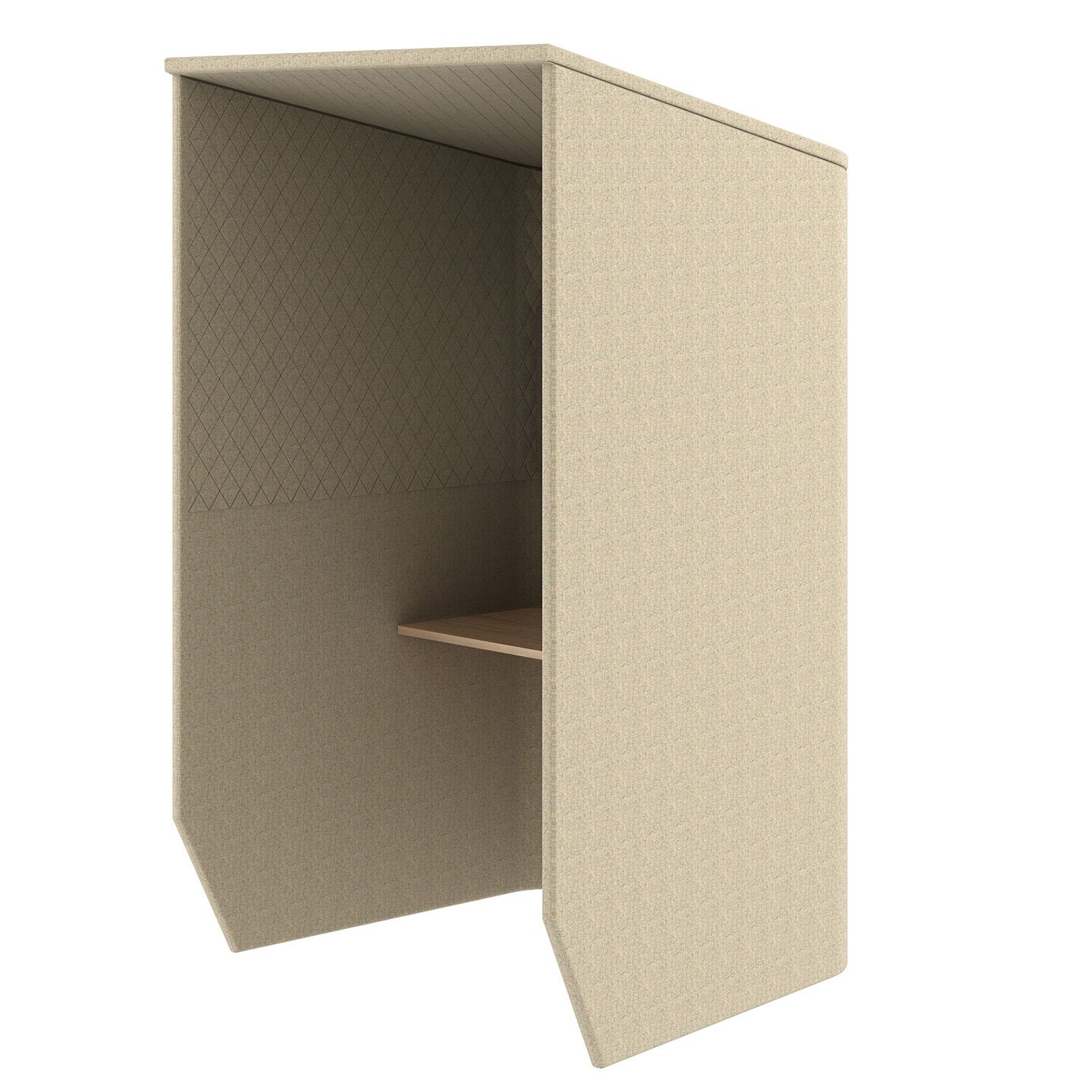 Haworth Buzzibooth Booth in tan fabric with wood shelf