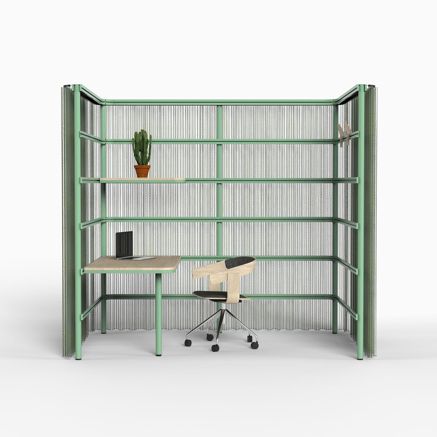 Haworth BuzziBrack Booth with green frame and green curtains around wood desk with chair at it