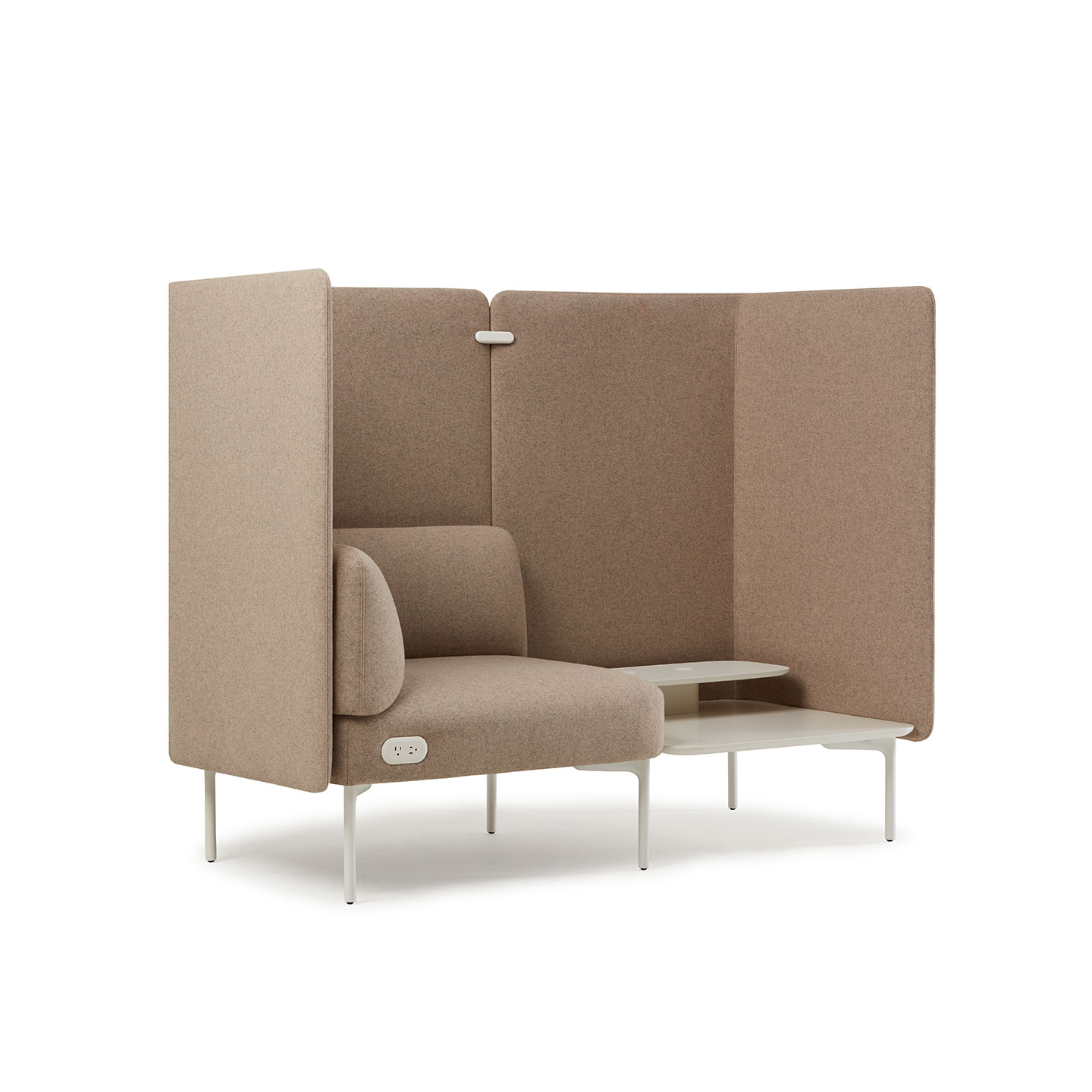 Haworth Cabana lounge in brown with small white table next to it with tall booth surronding