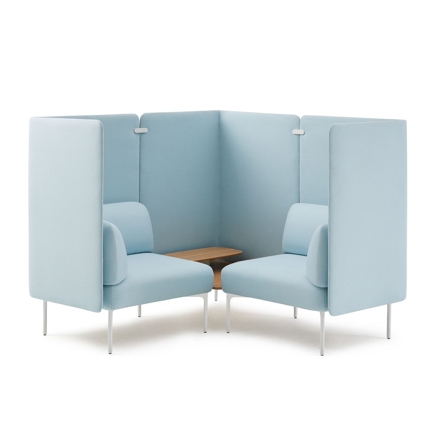 Haworth Cabana Lounge in light blue with side wood table and tall blue divider around booth