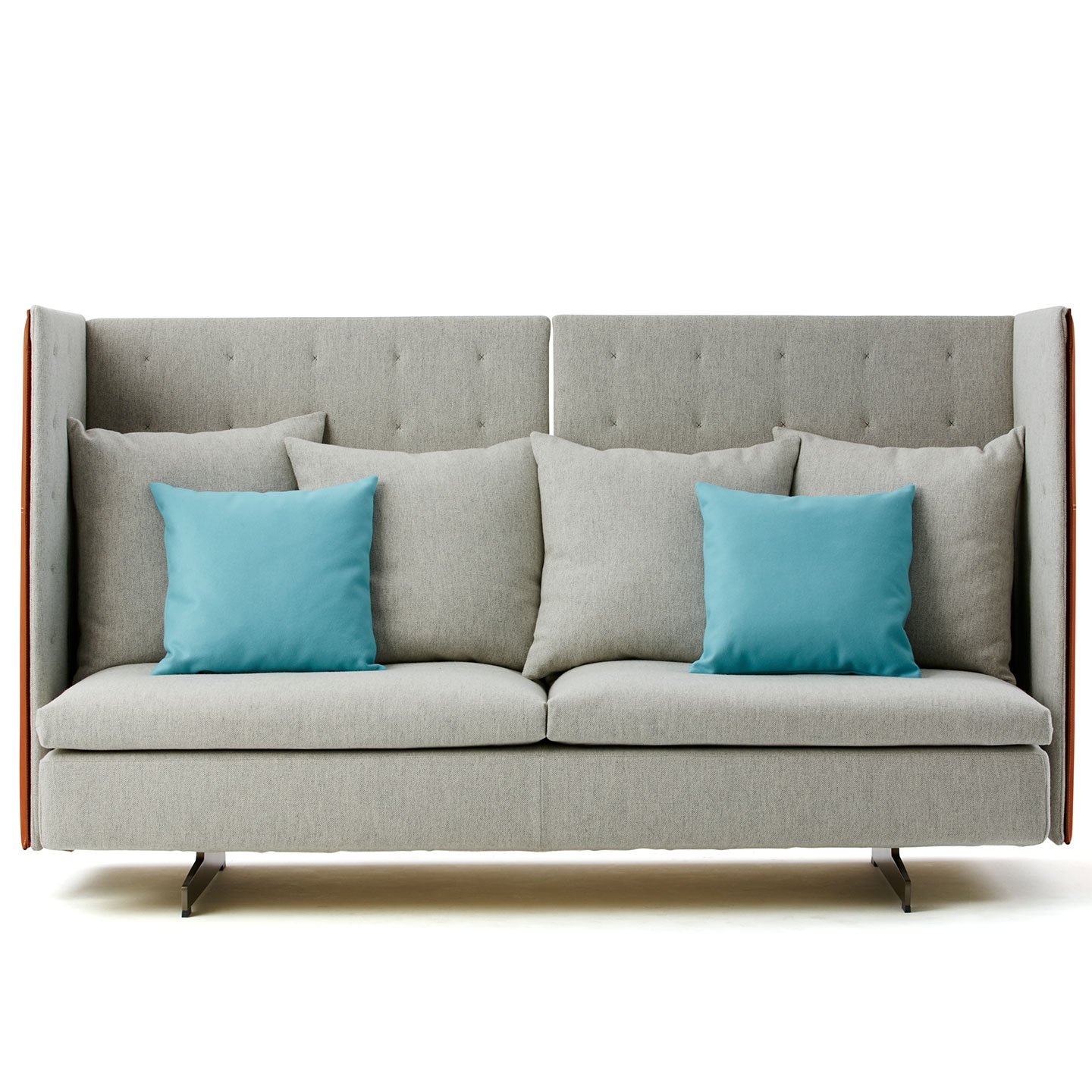 Haworth GranTorino HB Booth in grey color with tall back and grey and blue throw pillows
