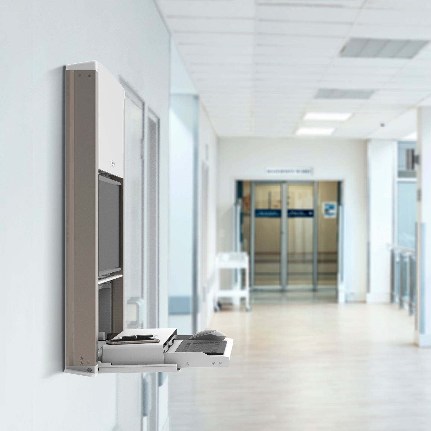 Haworth Carefit Enclosure Workspace in a hospital hallway with the workspace folded out