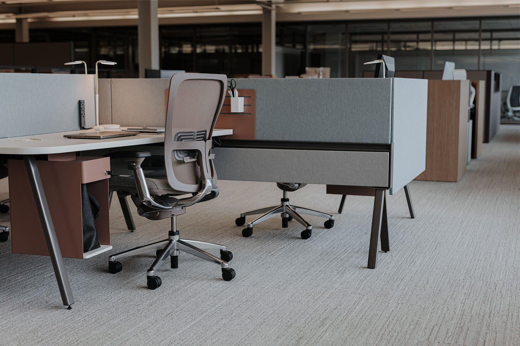 Haworth Compose Beam divider in office space with desk and chair 