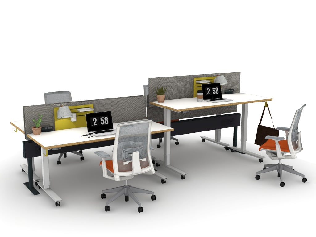 Haworth Compose Beam Workspace divider in mock office space with height adjustable desks