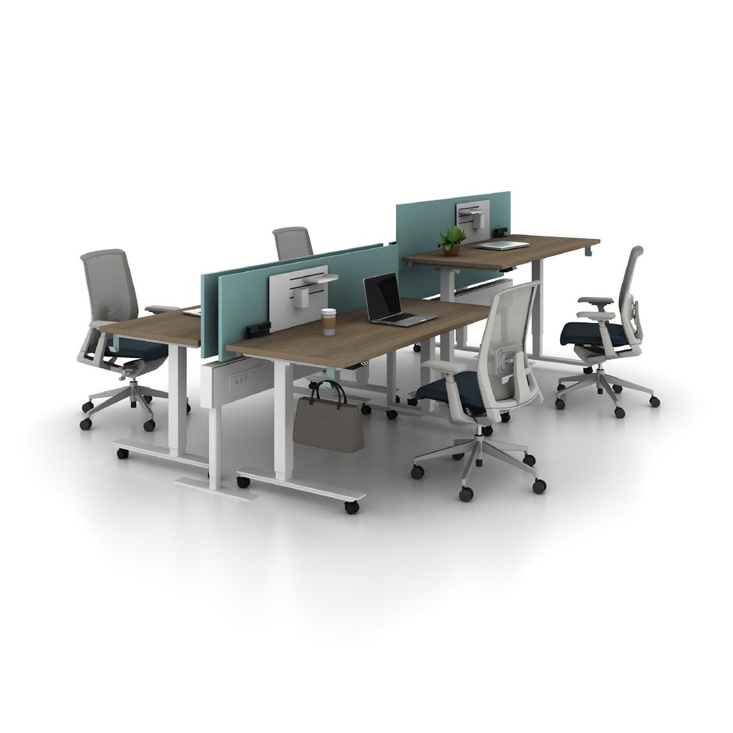 Haworth Compose Beam Workspace divider in mock office space with height adjustable desks