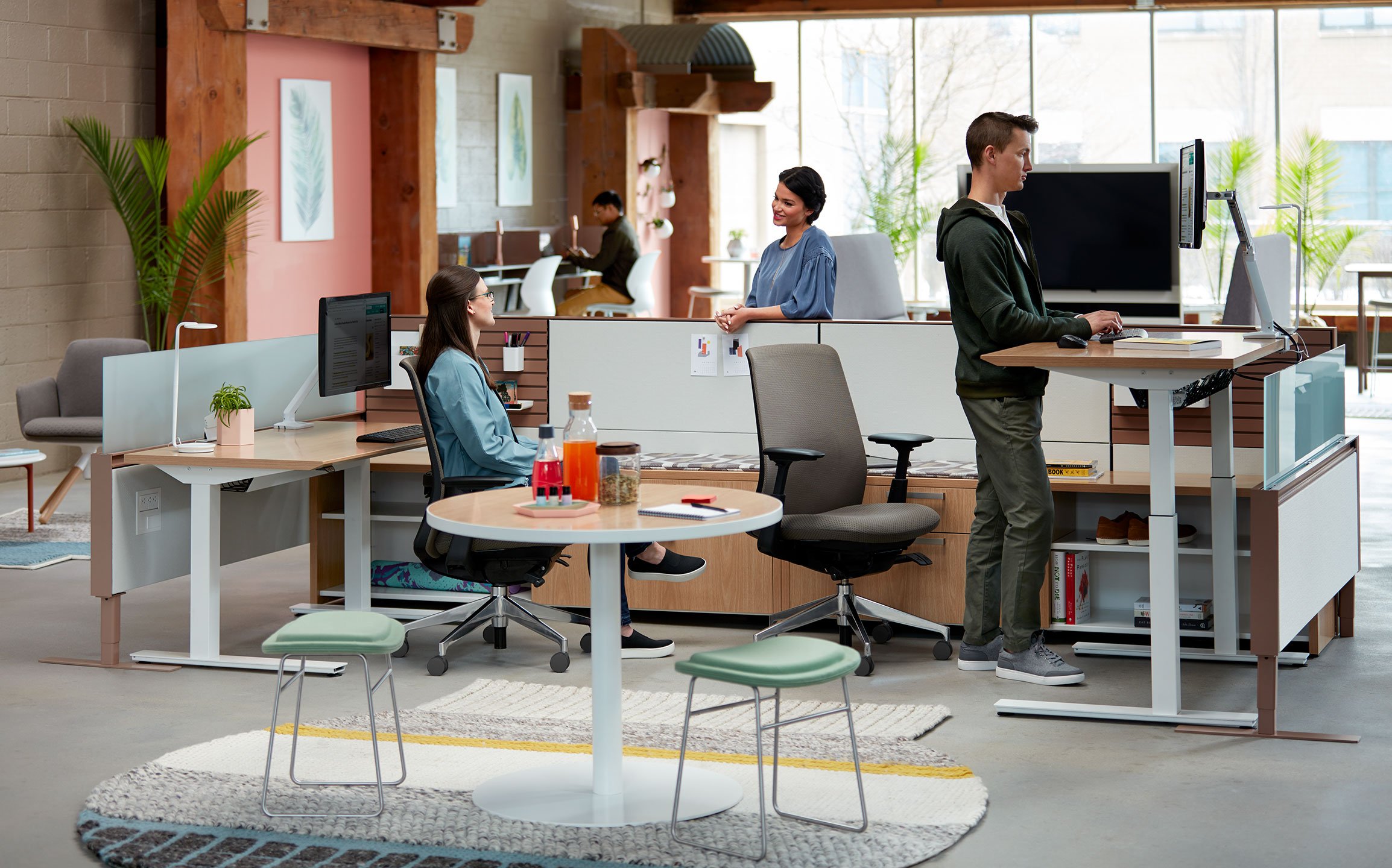 Haworth Compose Connections workspace dividers in an office space with employees working and height adjustable table