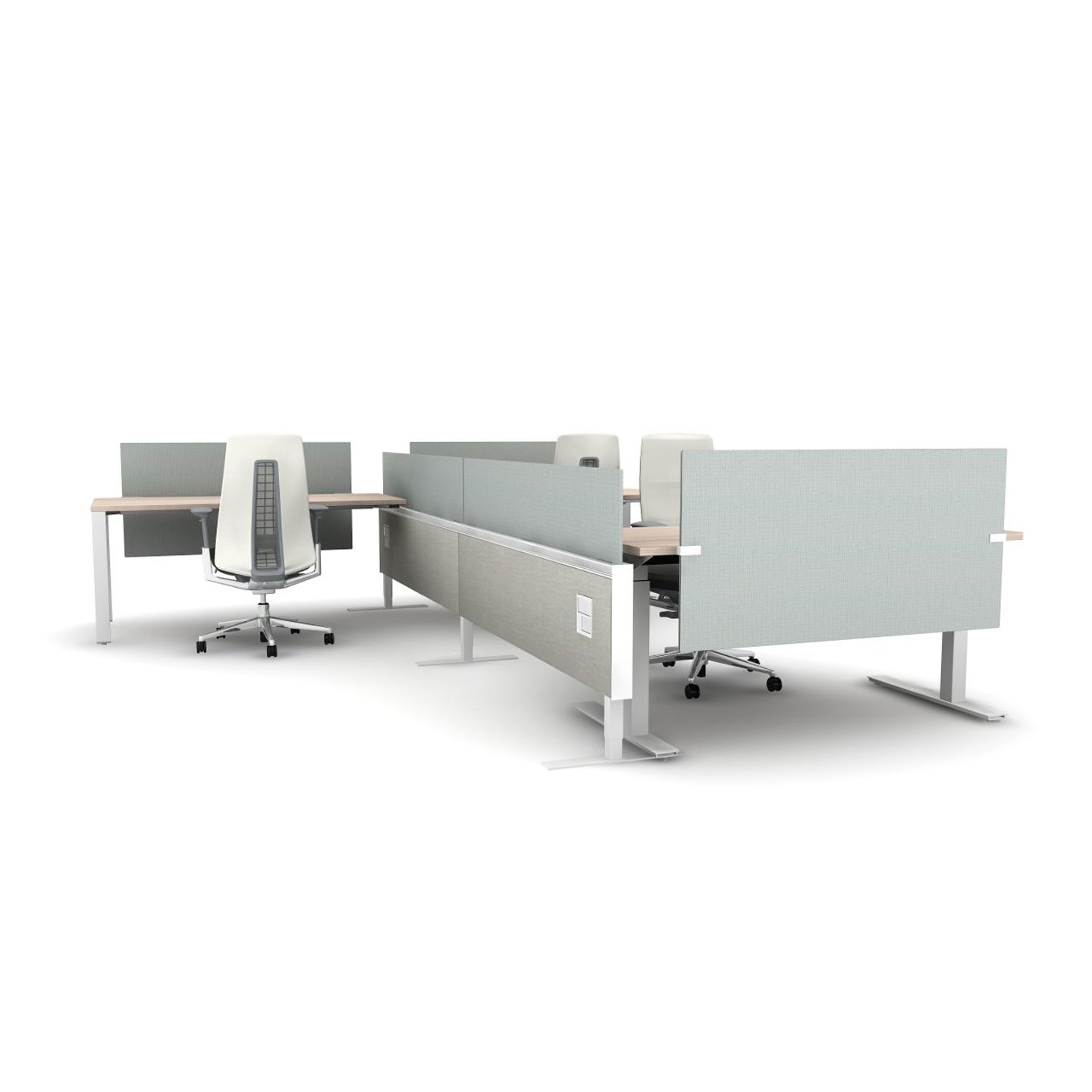 Haworth Compose Beam Workspace divider in grey in office mock up with fern chair and height adjustable table