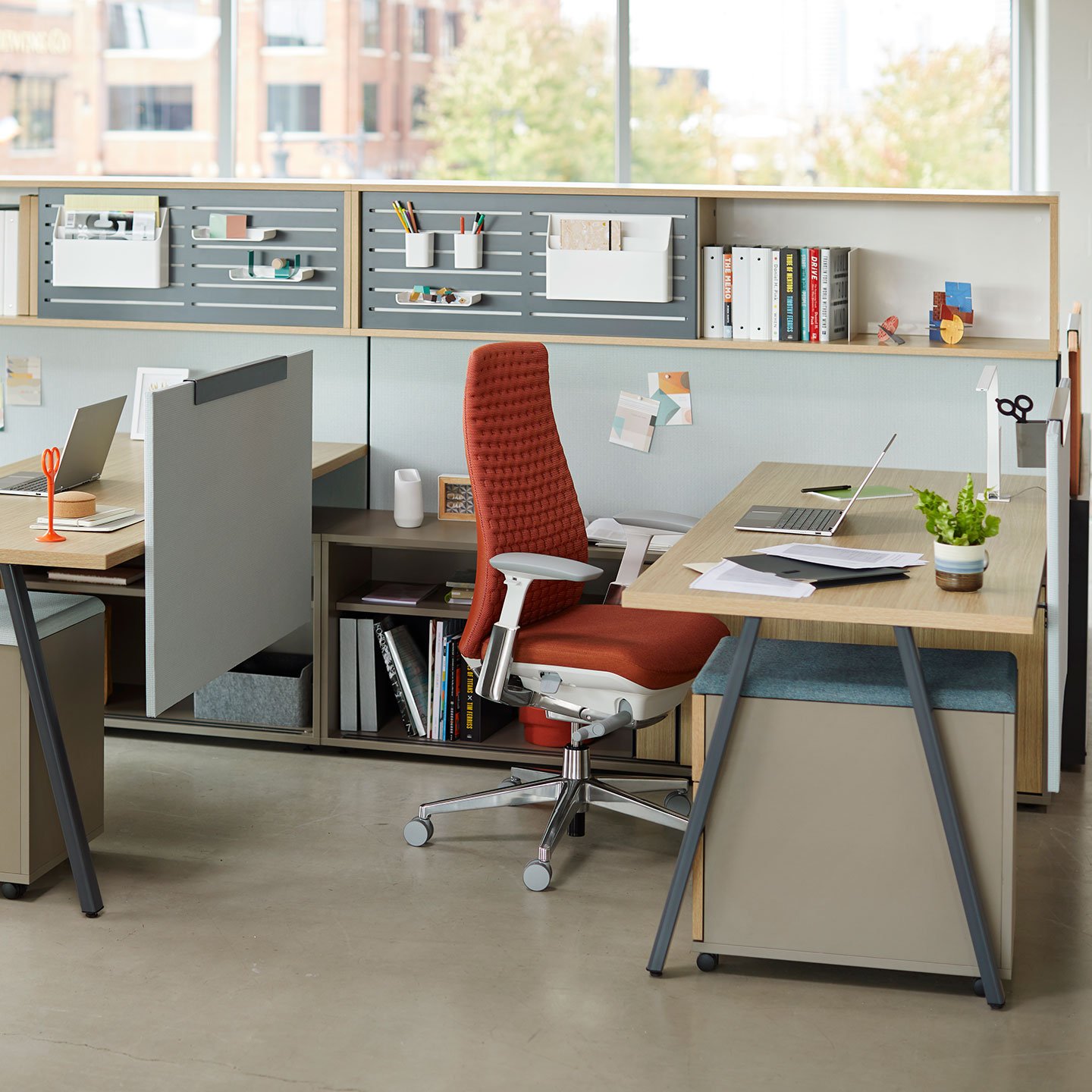 Haworth Compose Workspace in an office space with large windows and desks facing the same way with a divider between them