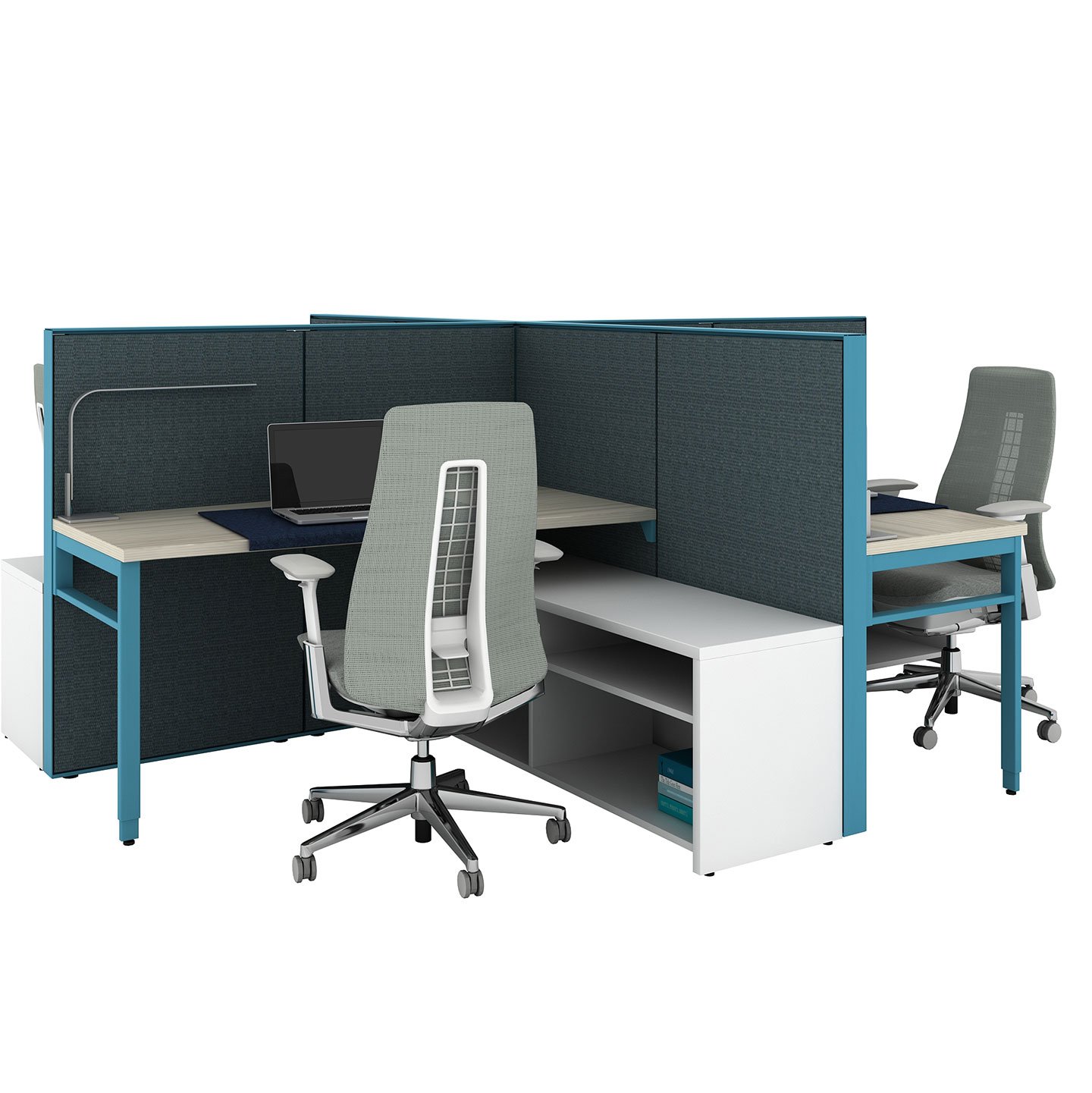 Haworth Compose Workspace in mock office space with multiple dividers for desk privacy and fern chairs with side storage for files