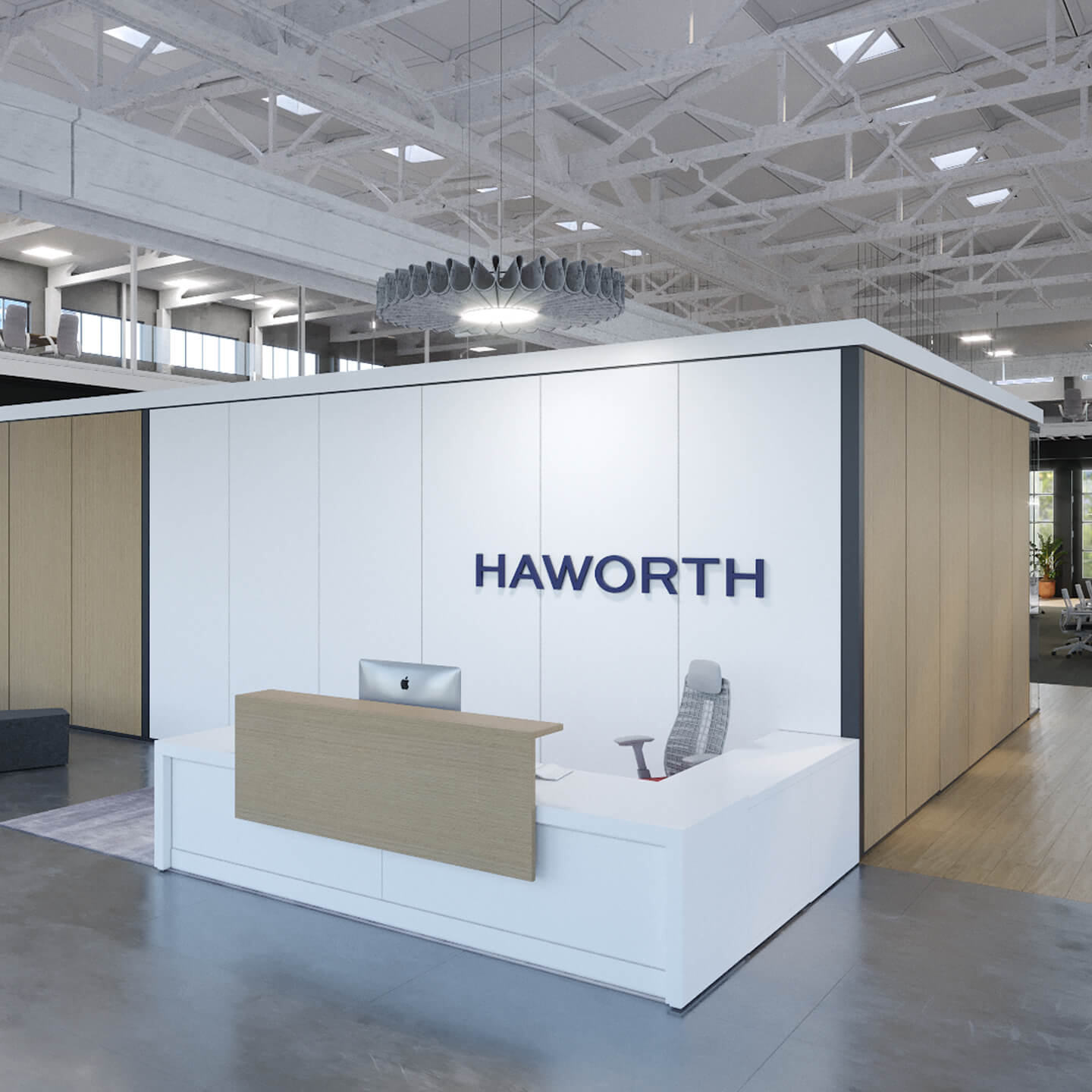 Haworth EZ Workspace partial divider in office lobby area with wood finish and fern chair 