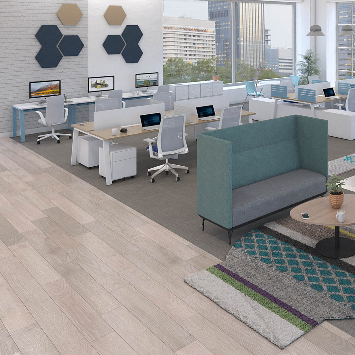 Haworth EZ Workspace partial divider in open office setting with lounge area and multiple desks with glass windows overlooking city