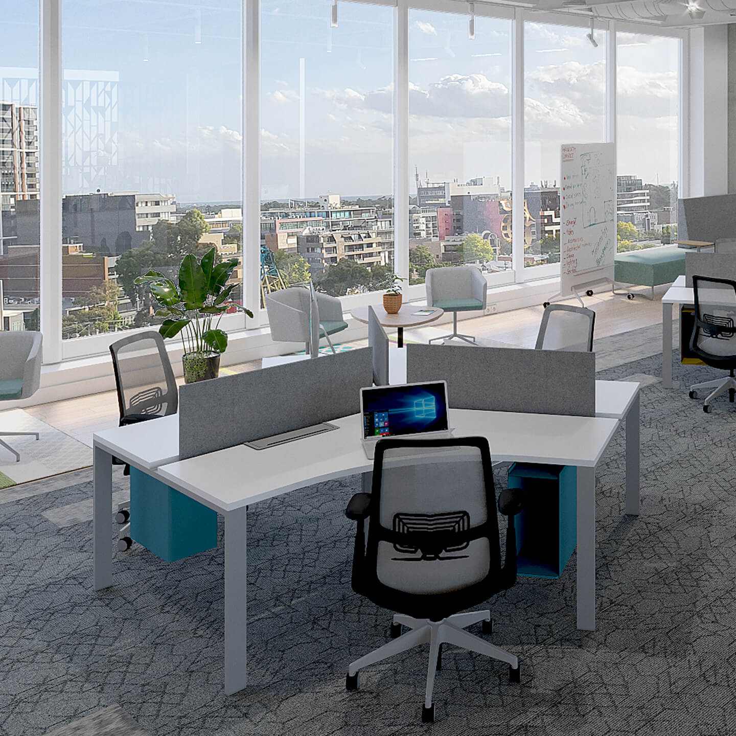 Haworth EZ Workspace partial divider in open office setting with multiple desks with glass windows