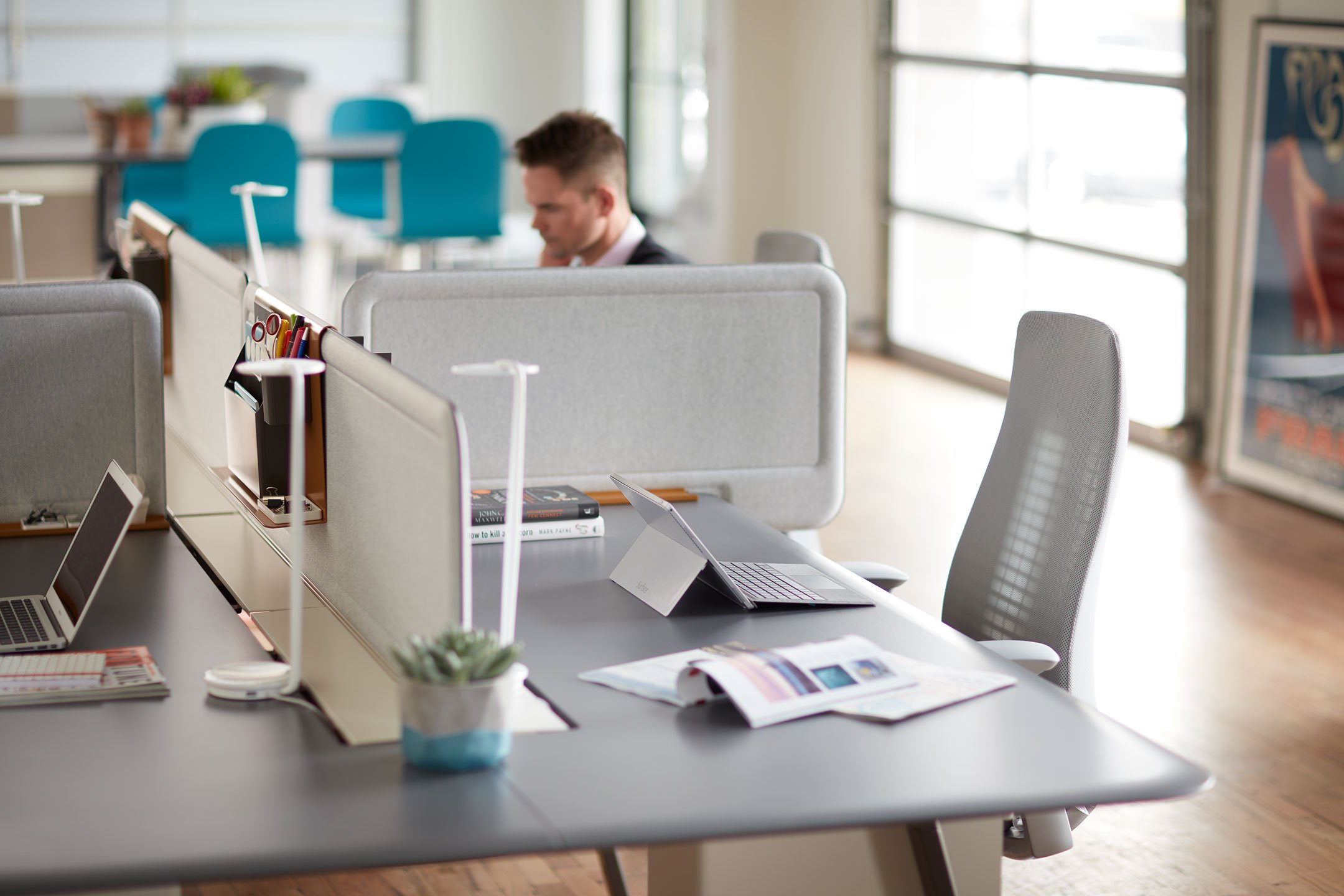 Haworth Intuity Workspace divider in grey in an open office space with employee working at desk in a fern chair and natural light in office