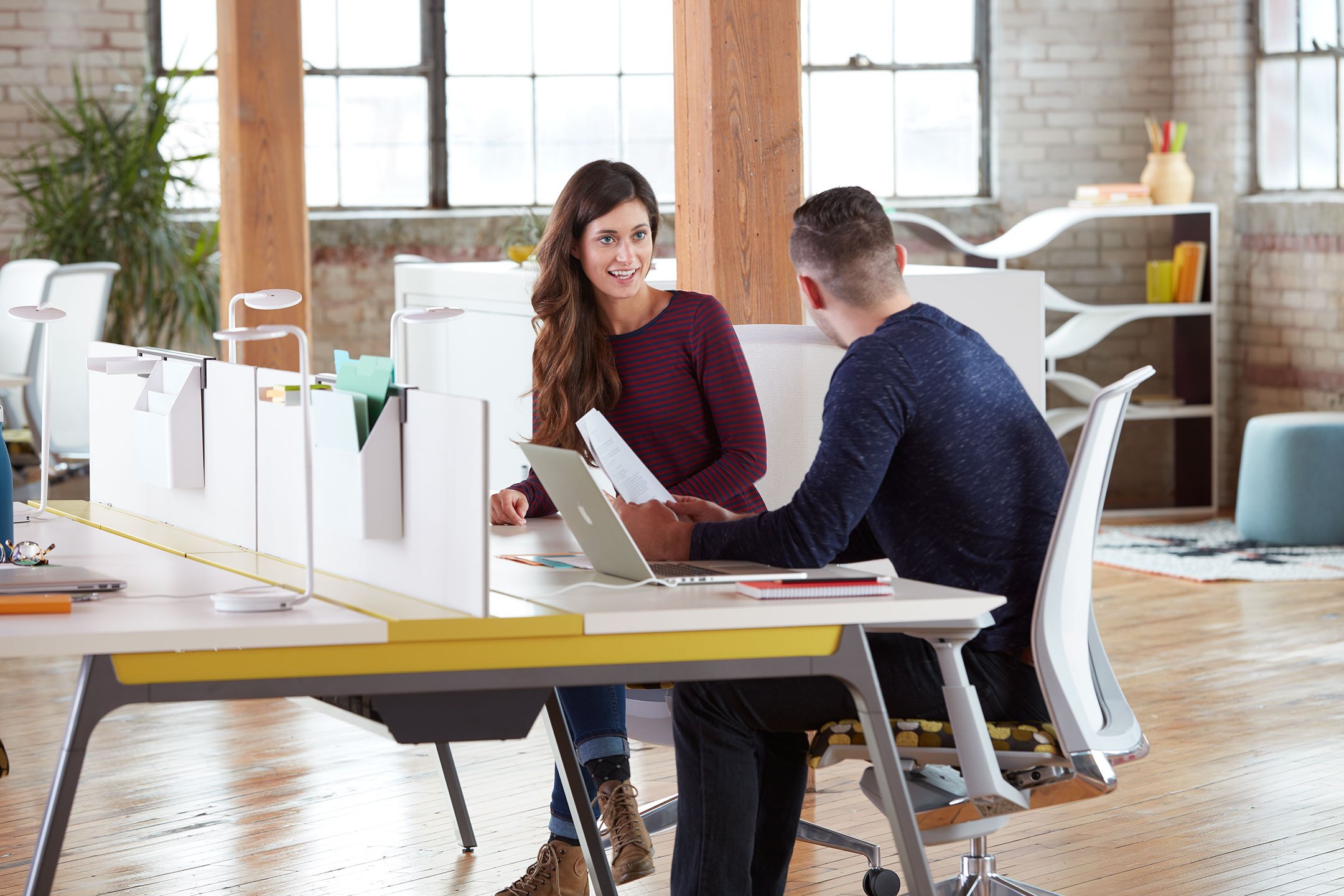 Haworth Intuity Workspace divider in white color at desks with employees working together in open office space