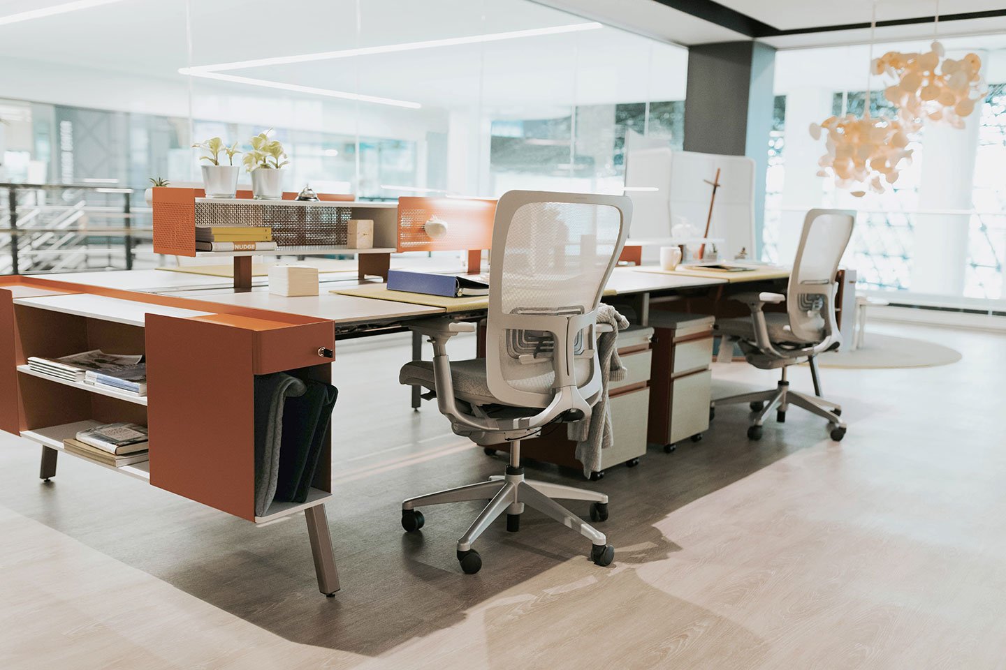 Haworth Intuity Workspace divider in open office seating with desks and storage compartments for files