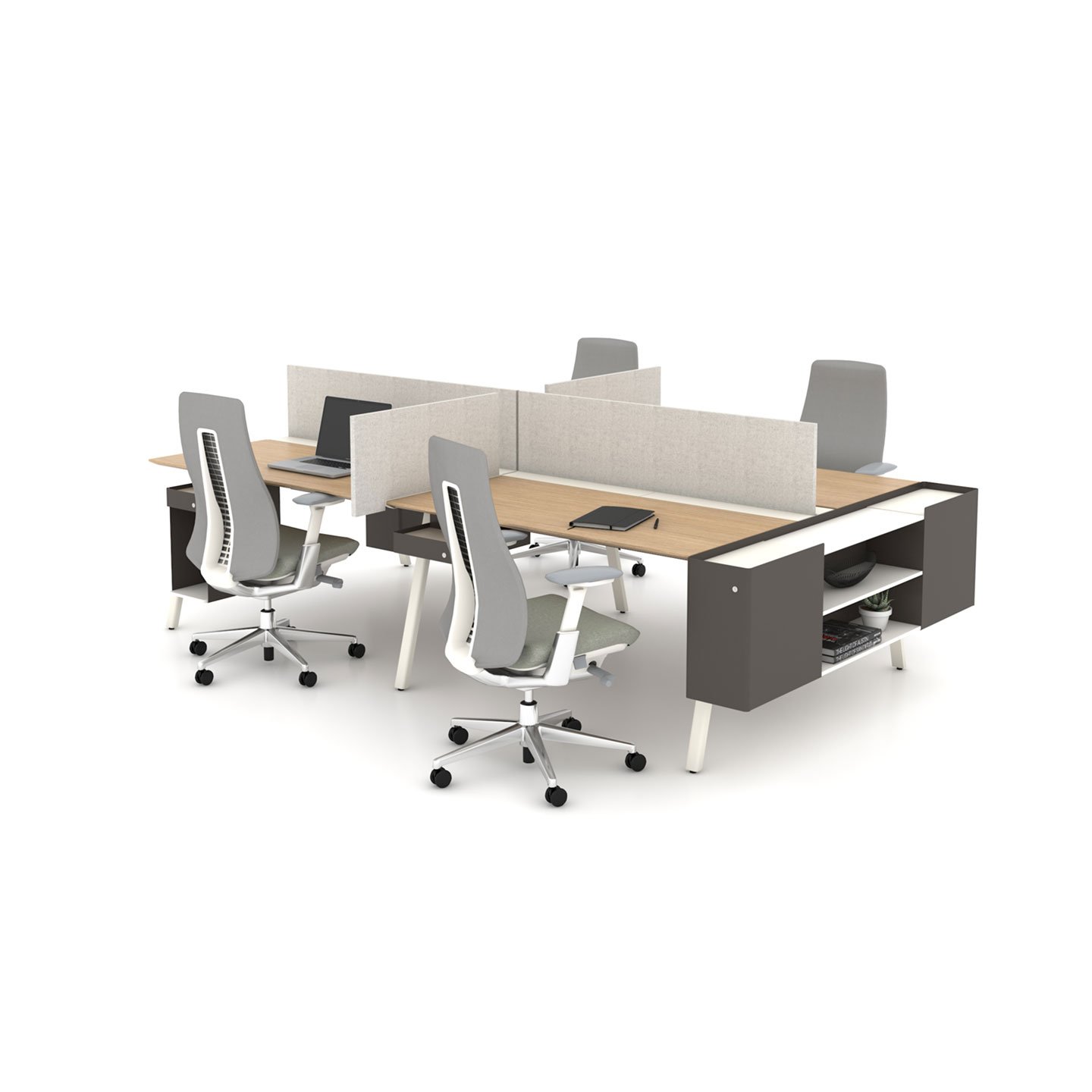 Haworth Intuity Workspace divider in peca color in an office desk mock up with fern chairs