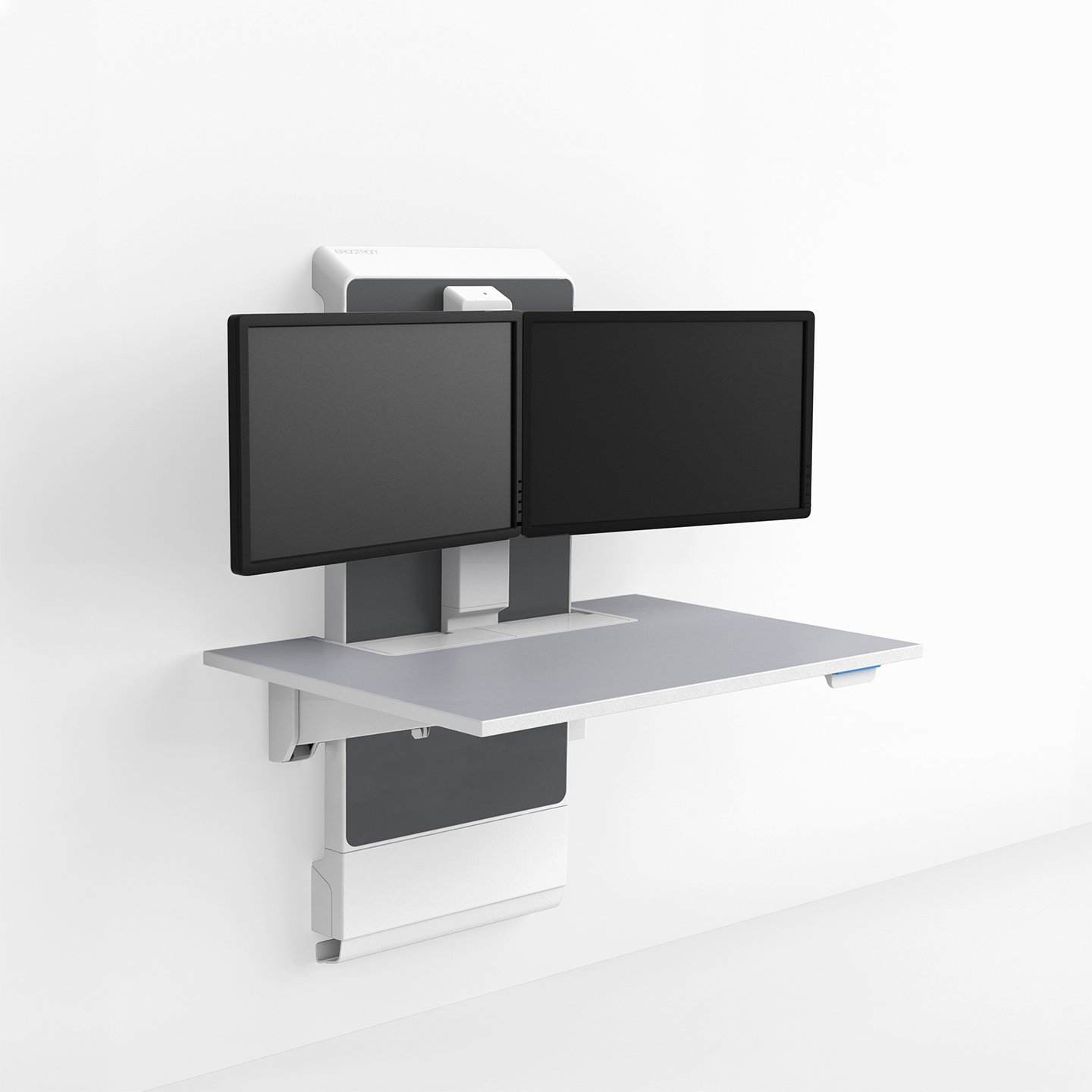 Haworth JUV Wall Workspace wall mount that is unfolded to show monitor and work area