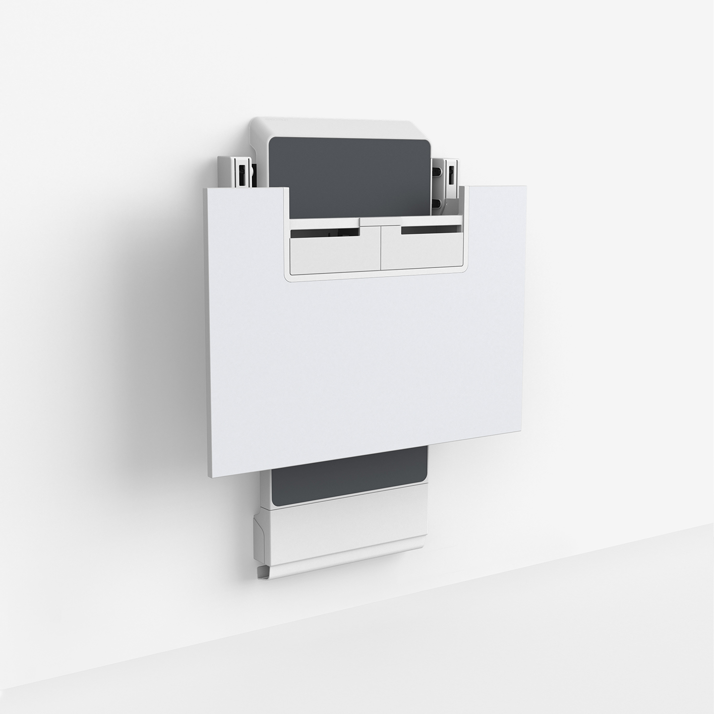 Haworth JUV Wall Workspace wall mount that folds up to create less space in a white color