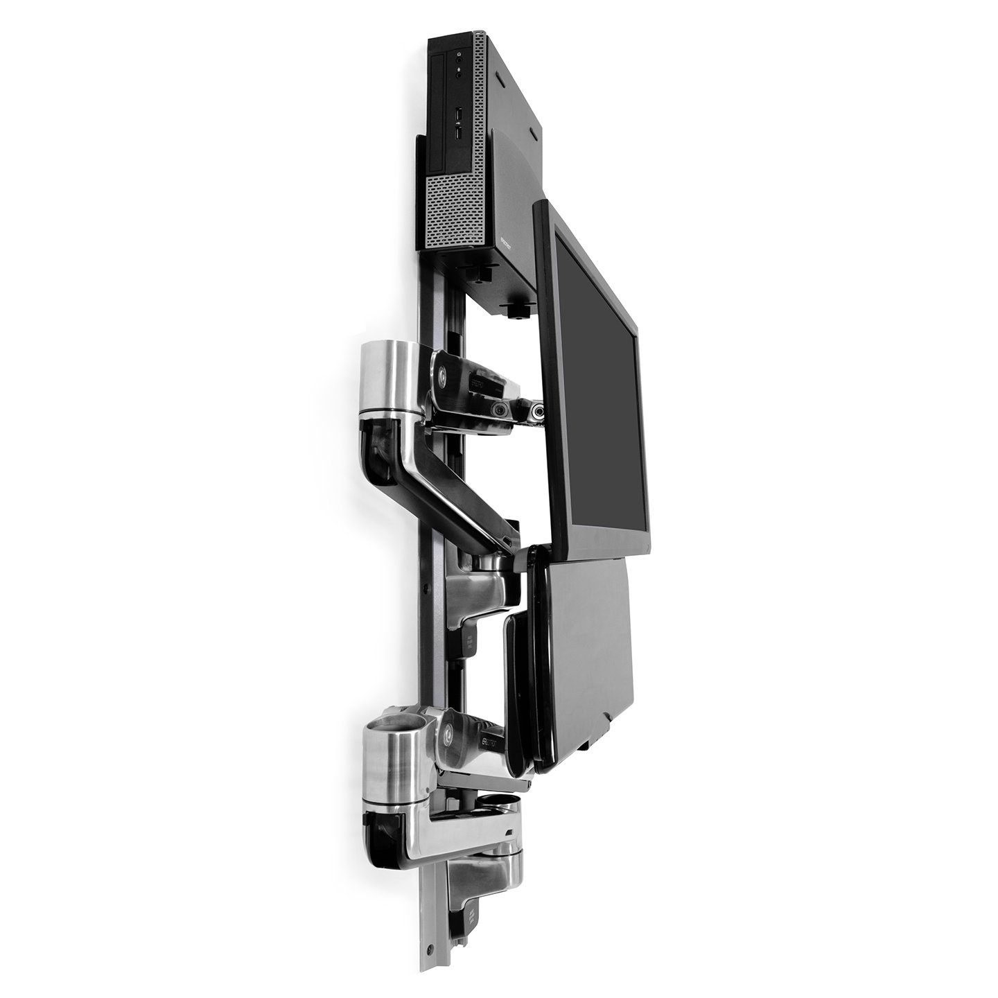 Haworth LX Wall Mount System Workspace with metal arms that can extend and fold and hold a monitor, pc, and keyboard