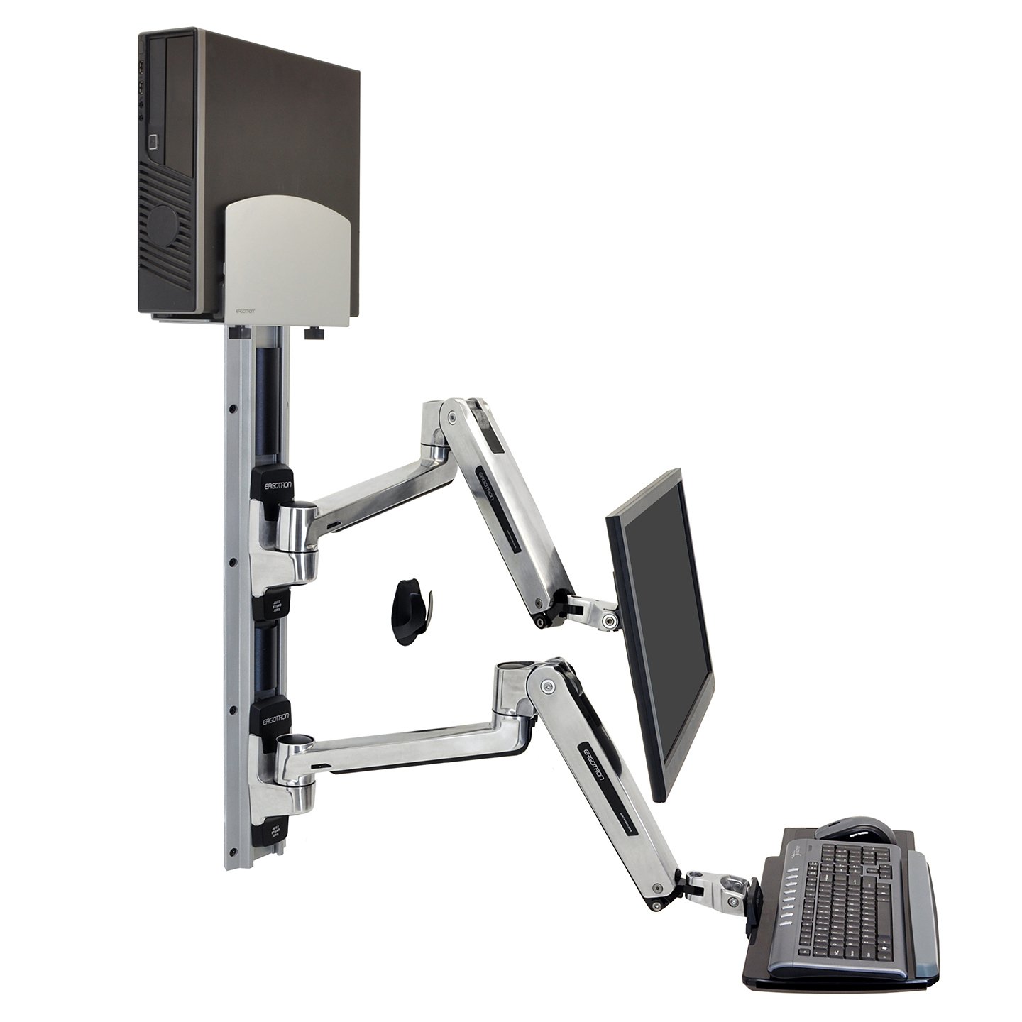 Haworth LX Wall Mount System Workspace with metal arms that can extend and fold and hold a monitor, pc, and keyboard