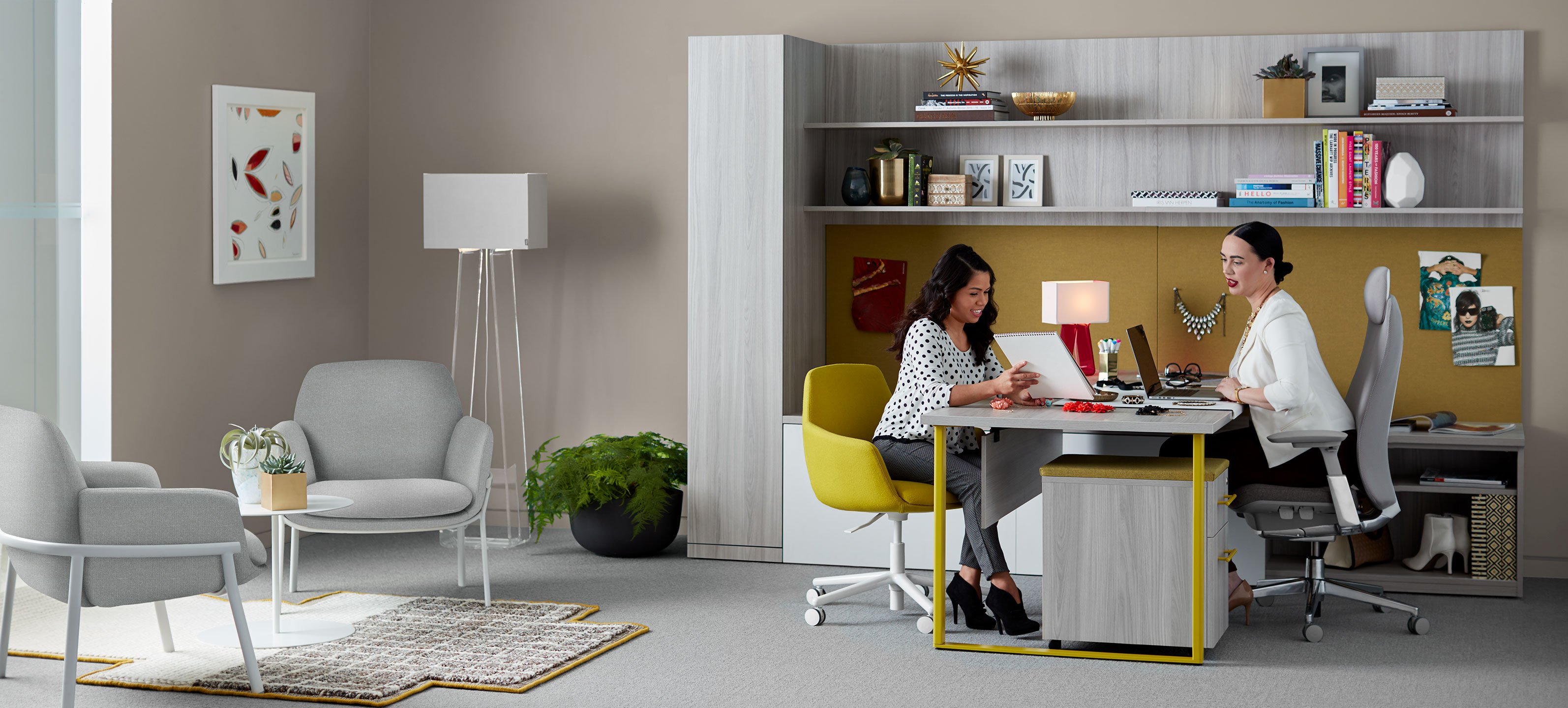 Haworth Masters Series Workspace in private office space with employees working together at veneer desk with grey chairs
