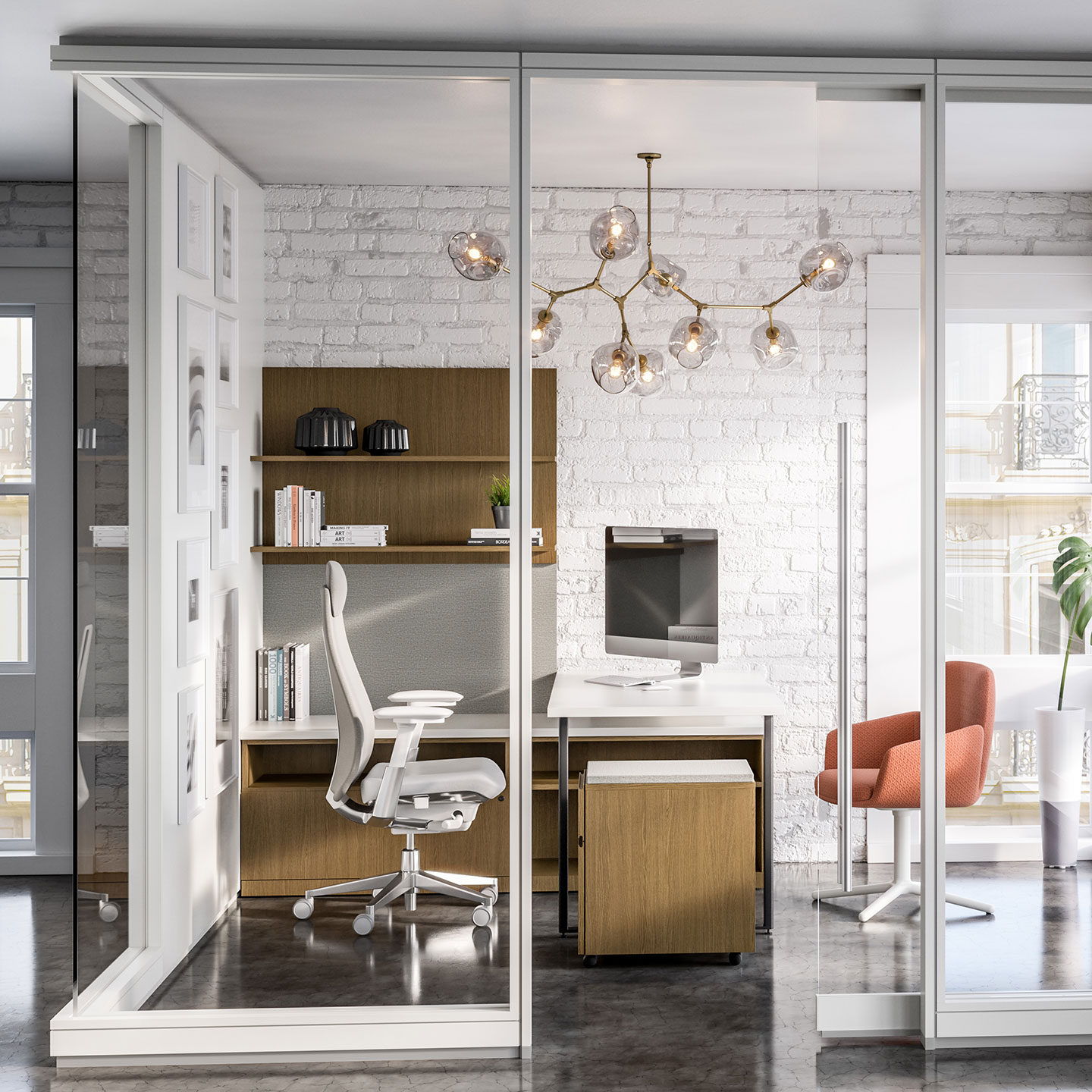 Haworth Masters Series Corner Desk Workspace with white laminate desk in private office with glass walls and white fern chair and apple PC on desk