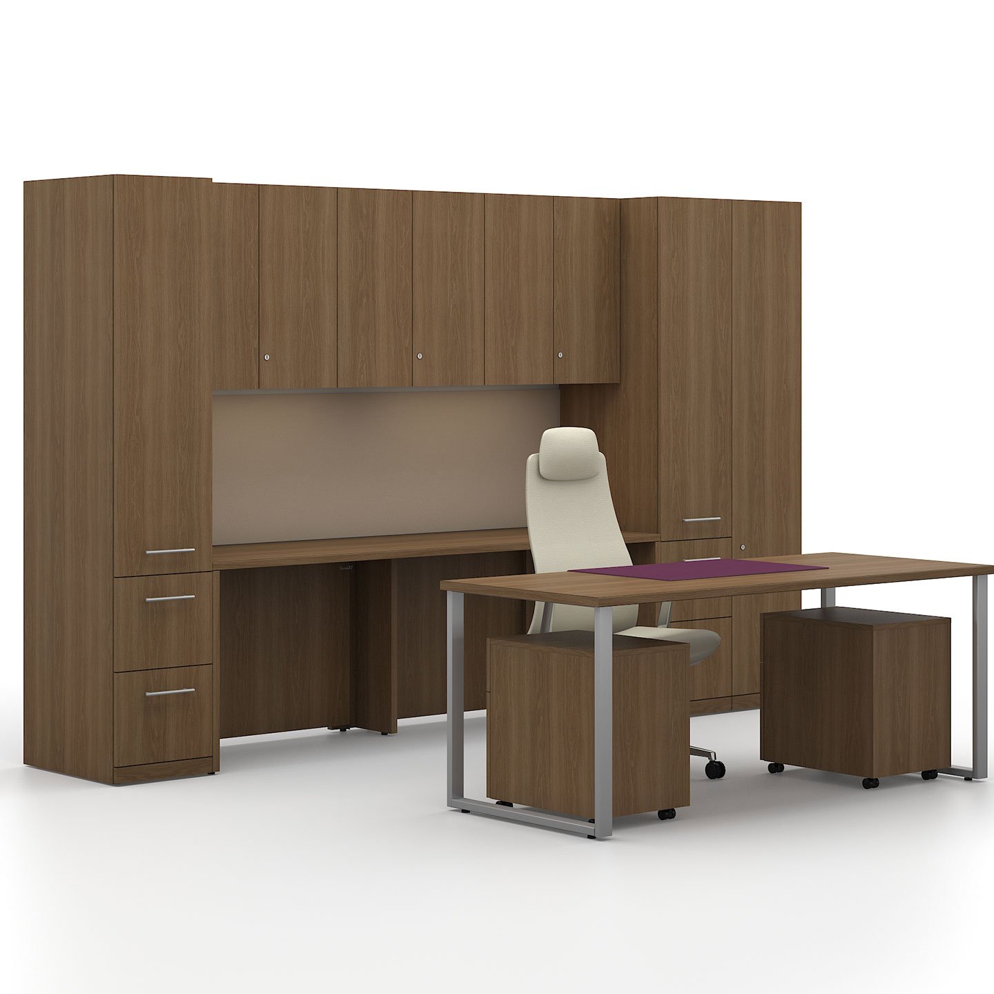 Haworth Masters Series Workspace in wood with multiple storage areas and fern chair