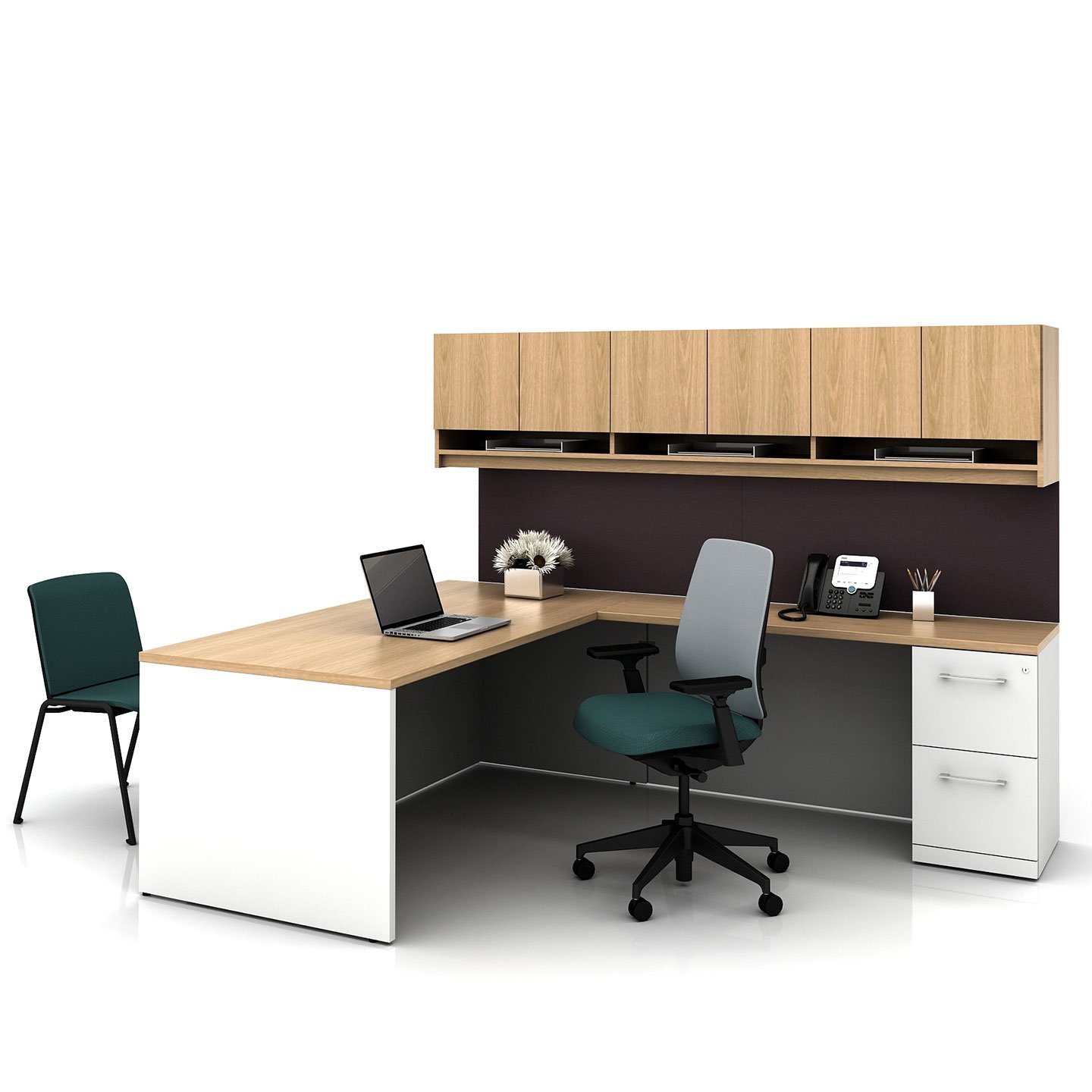 Haworth Masters Series Workspace in maple wood in L shape and storage shelves above desks with chairs for office space