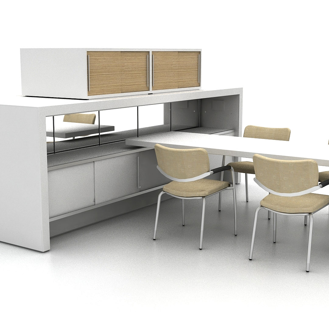 Haworth Patterns Architectural Workspace with table for collaboration and storage next to it and a mirror